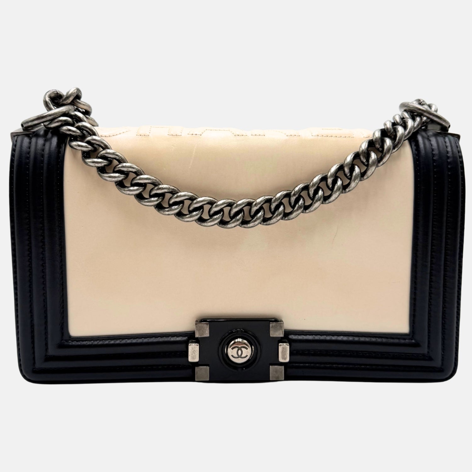 Boy Bag Black and Cream Leather Medium