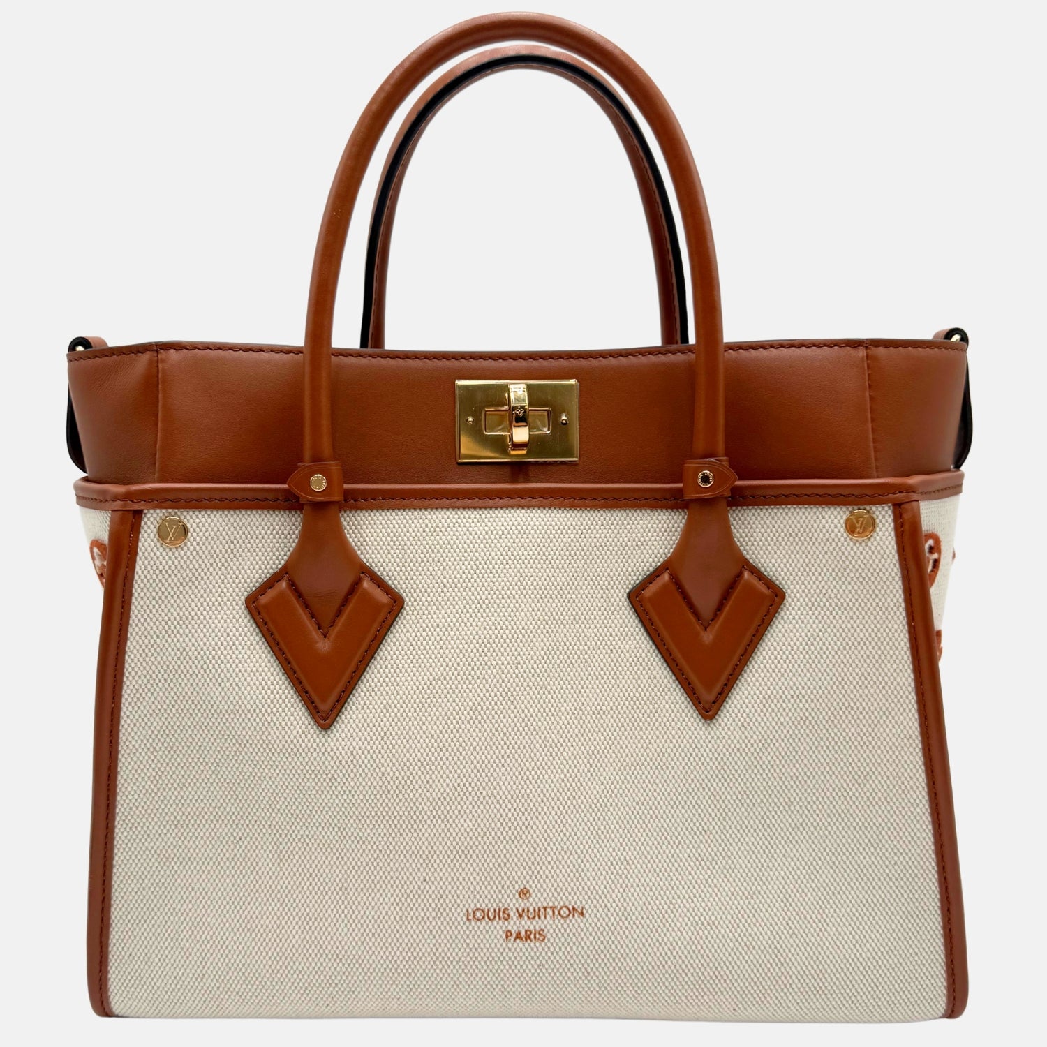 On My Side Tote Brown Calfskin and Cream Canvas