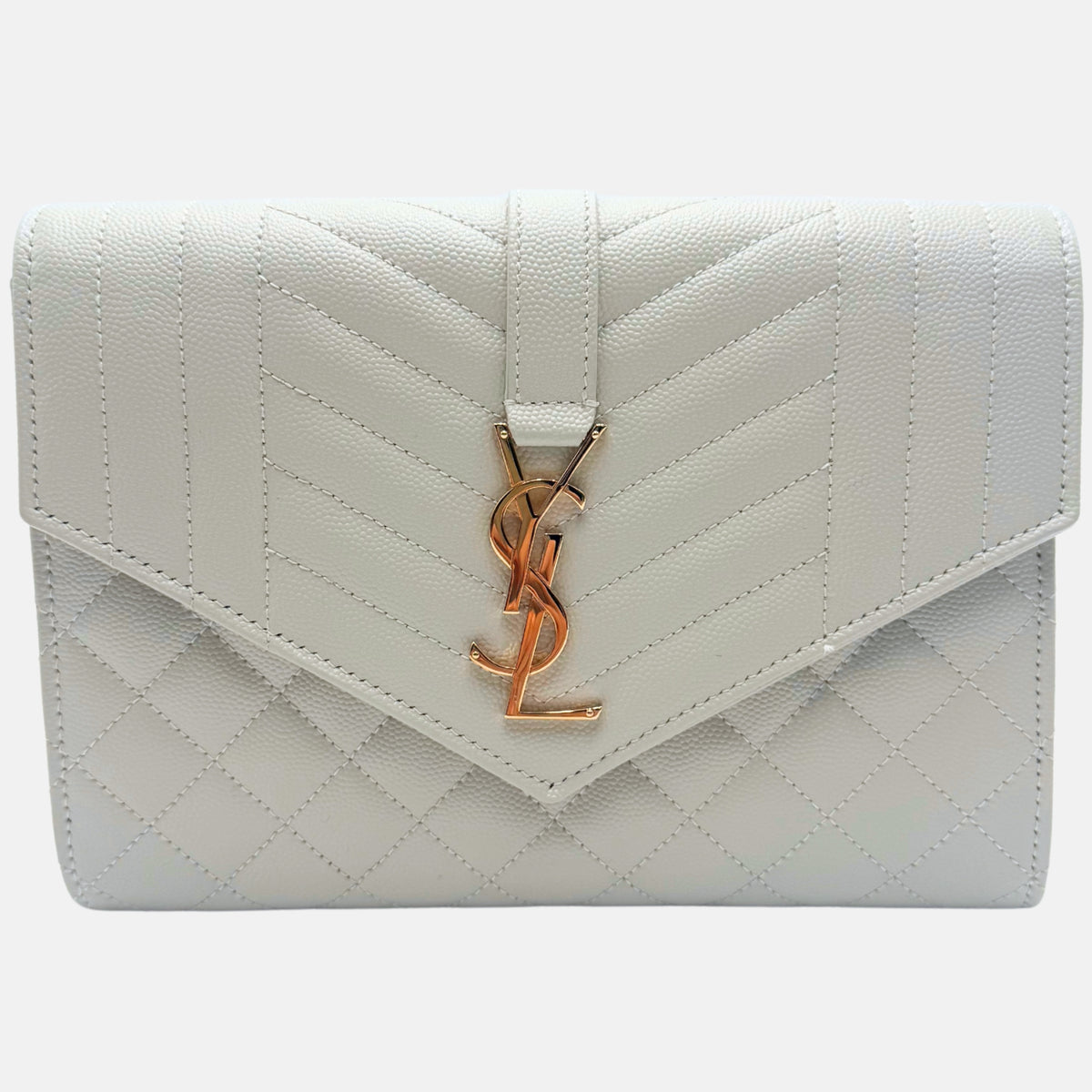YSL Saint Laurent Envelope Chain Wallet White Grain de Poudre Leather