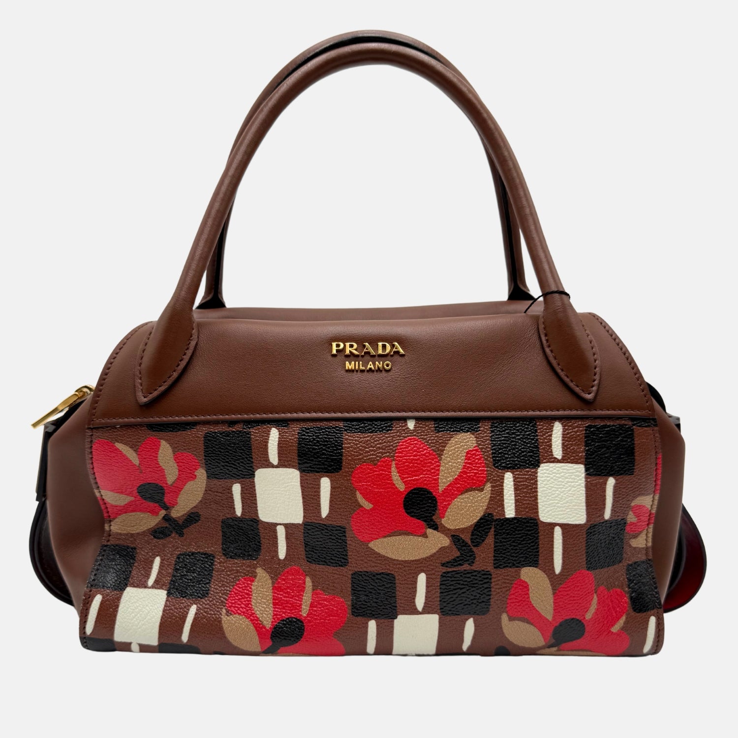Bowling Ribbon Bag Brown Floral Check Leather