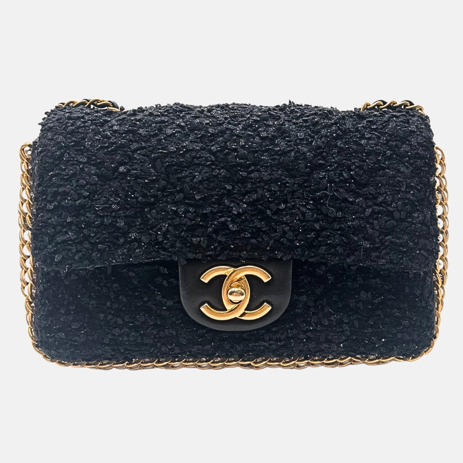 Classic Flap Bag Black Bouclé Tweed with Pearl Details
