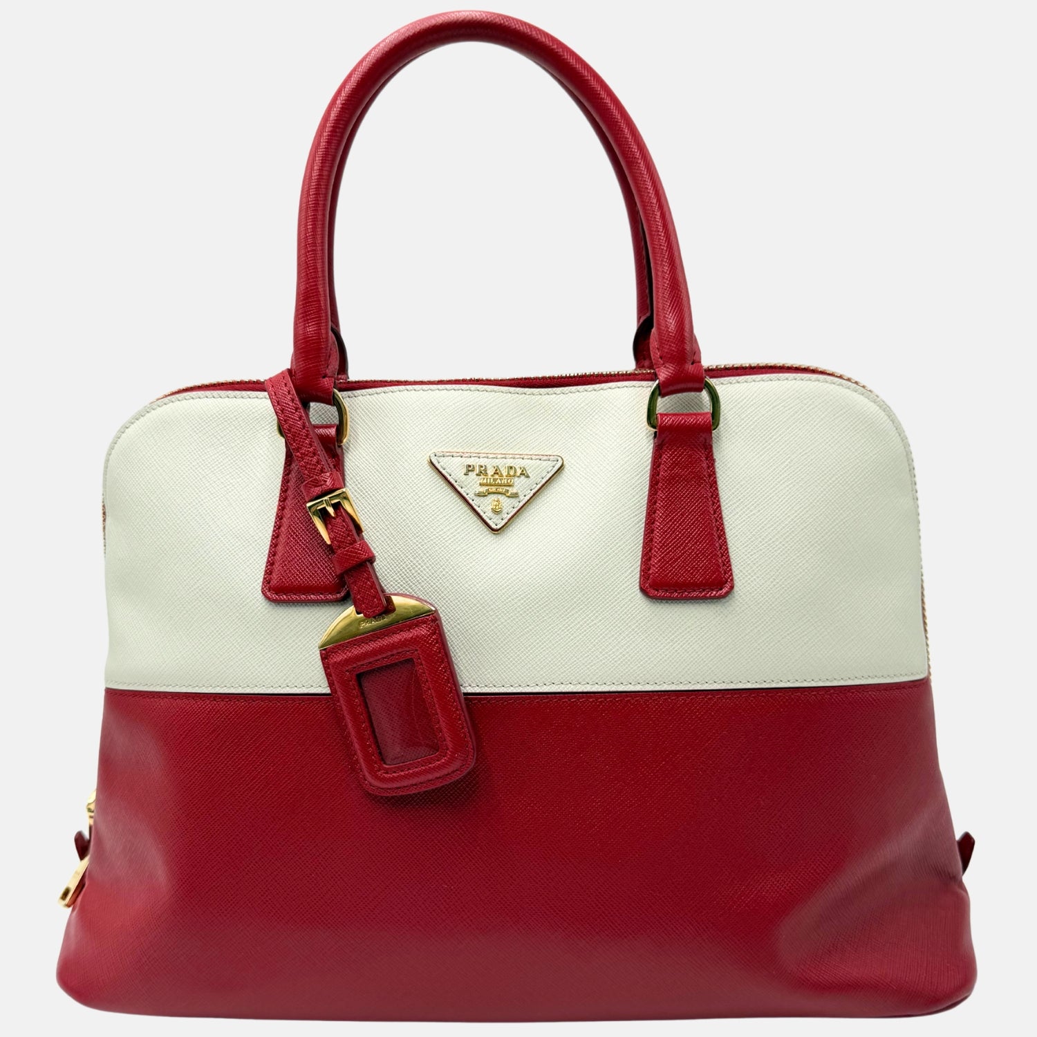 Promenade Top Handle Bag White and Red Saffiano Leather
