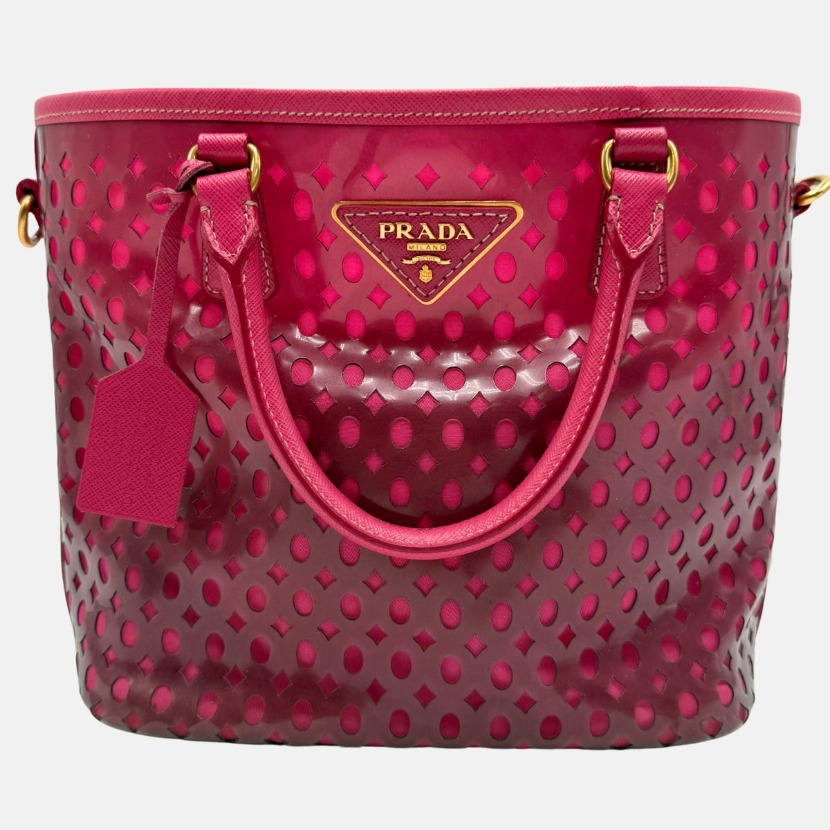 Prada Tote Bag Pink Patent Dot Cutout Leather