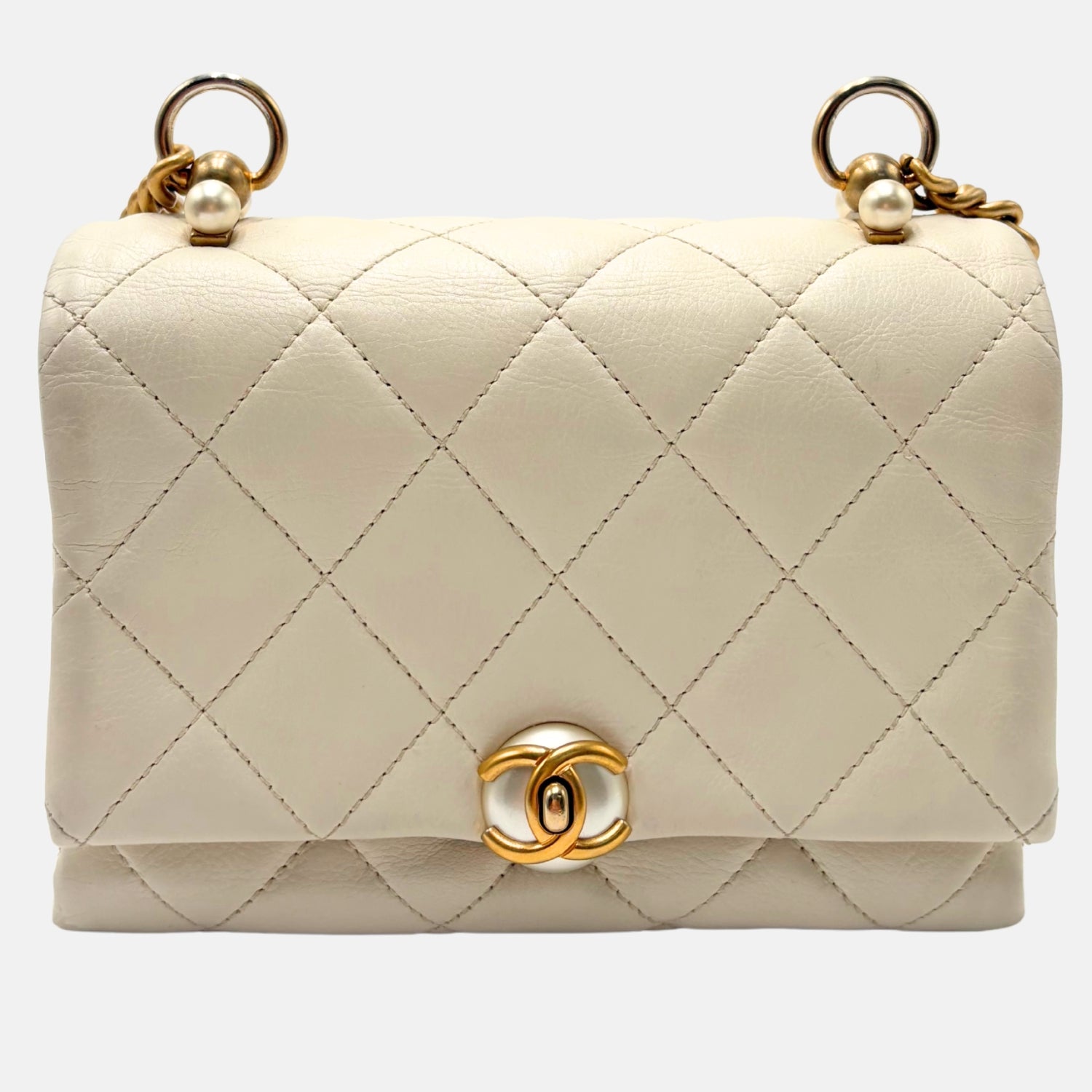 Mini Flap Bag White Quilted Lambskin with Pearl Detail
