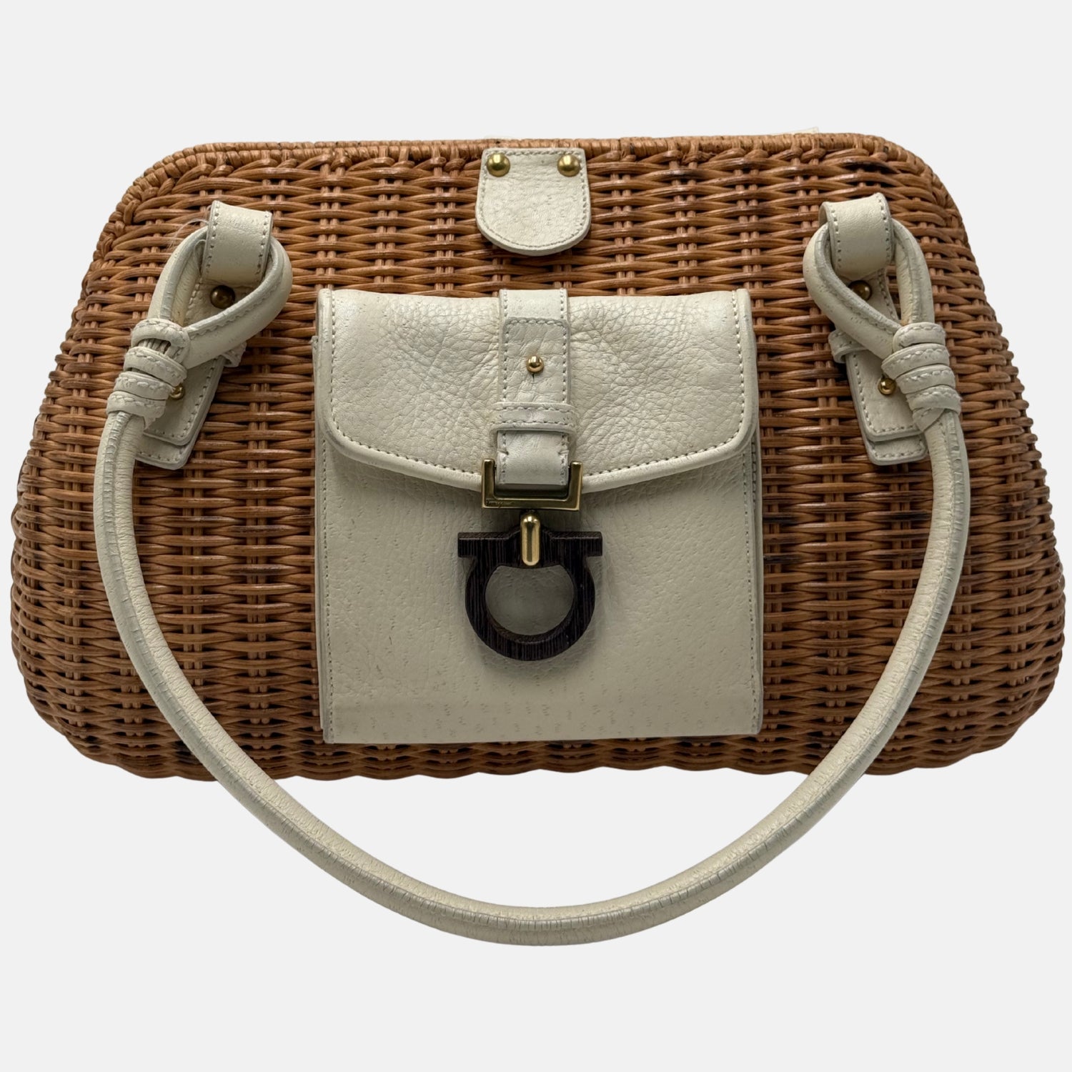 Satchel Bag Natural Wicker and Cream Leather Medium