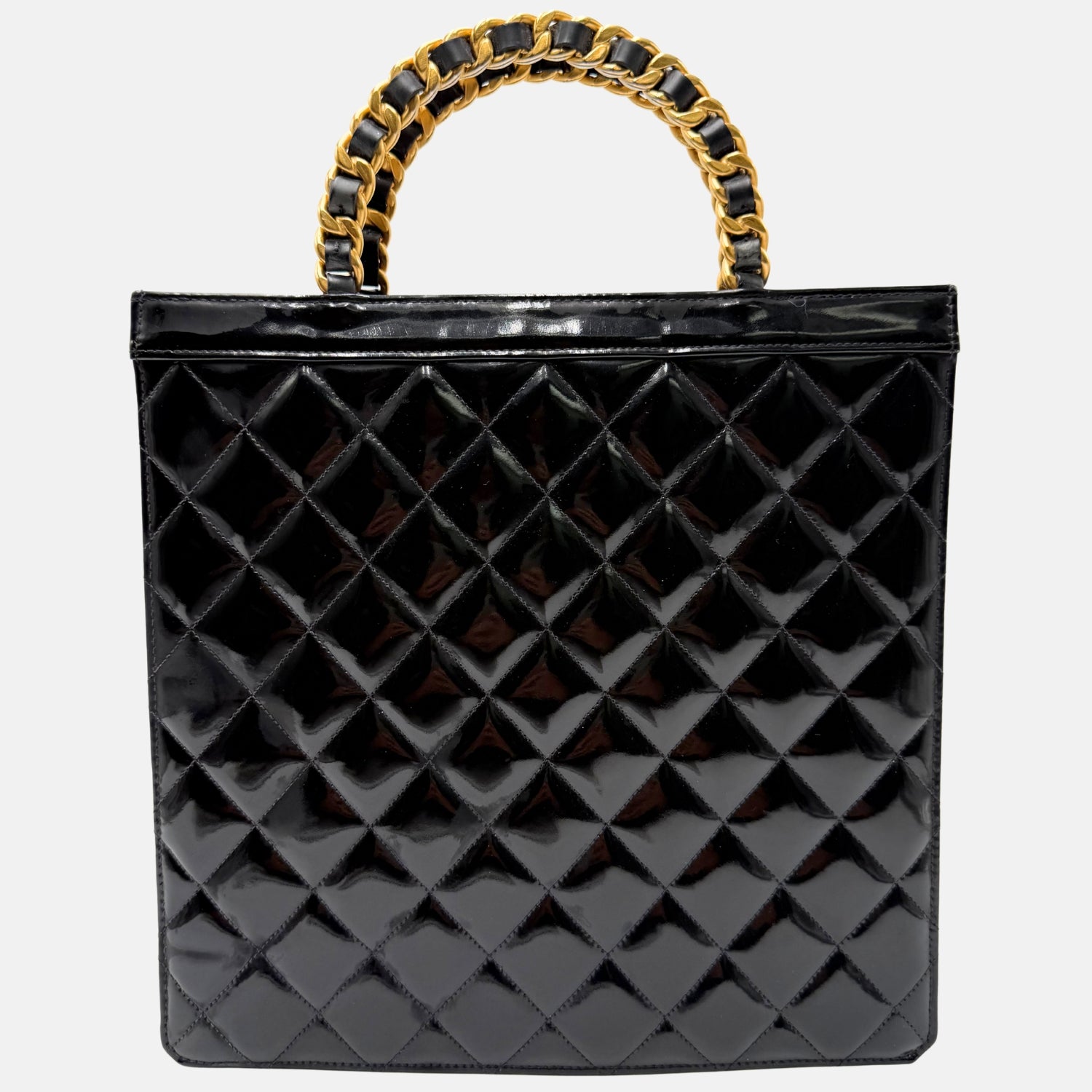 Tote Bag Black Patent Quilted Leather Chain Handles