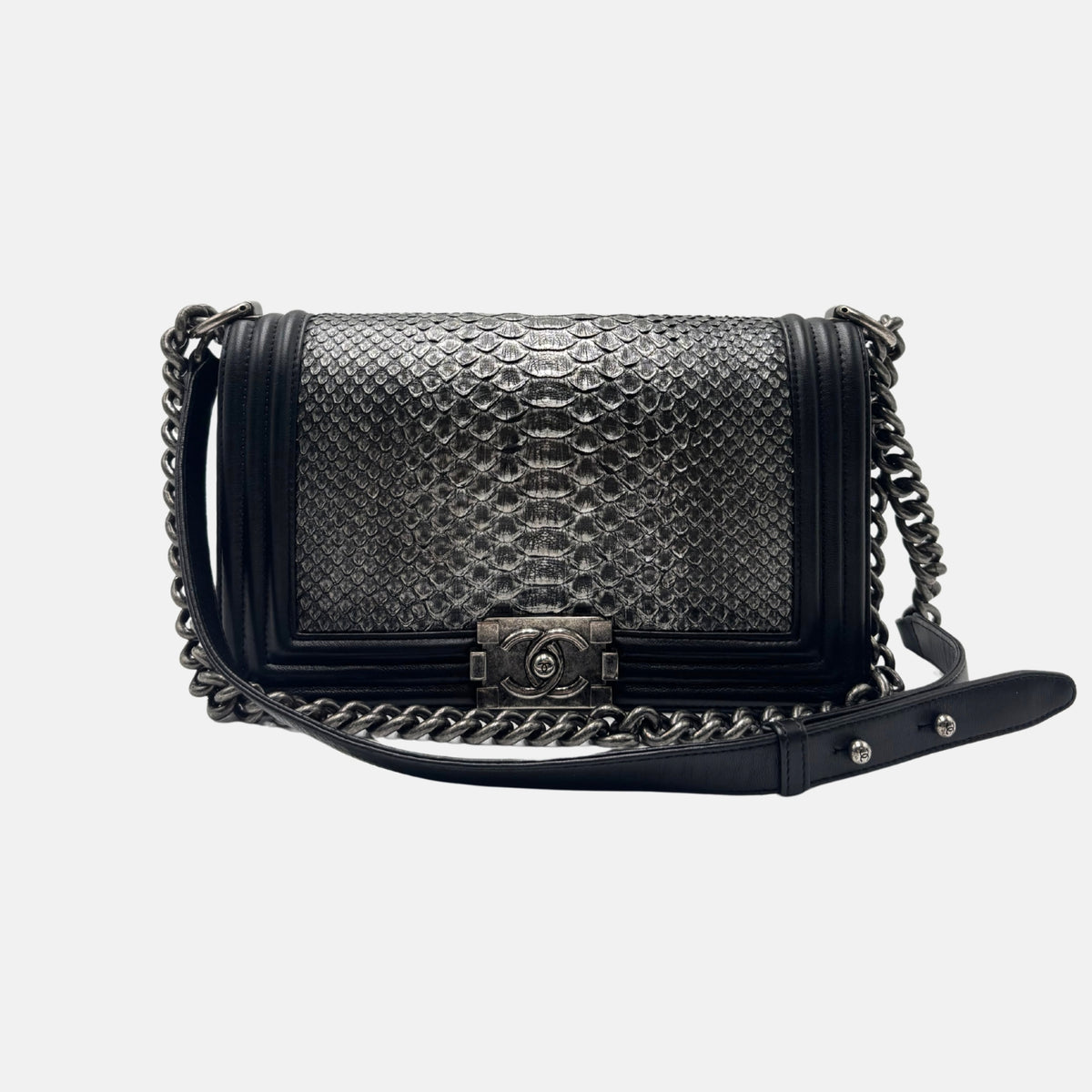 CHANEL Boy Bag Black and Silver Python Leather