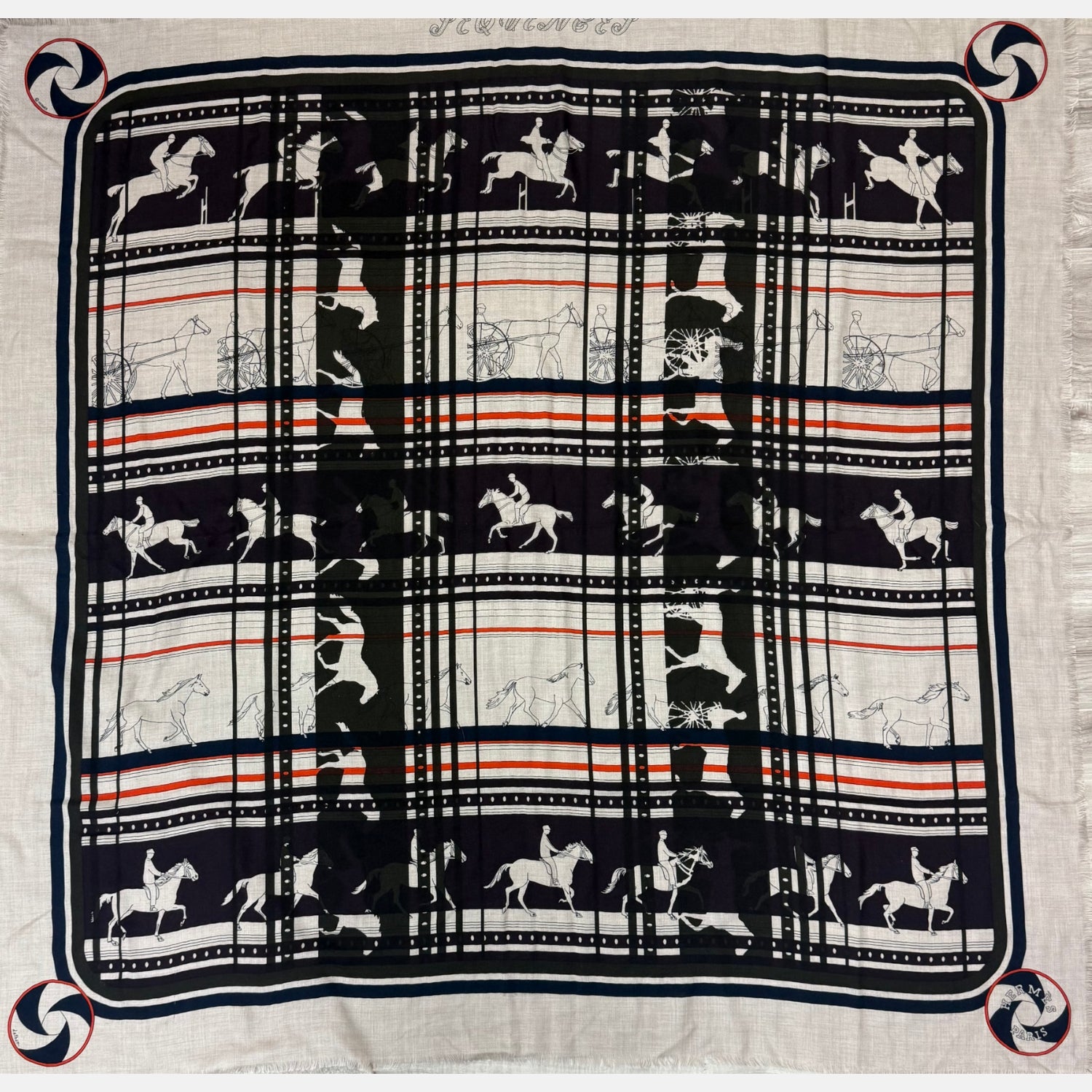 Plaid Horses Blue/White Cashmere Silk Scarf Fringe