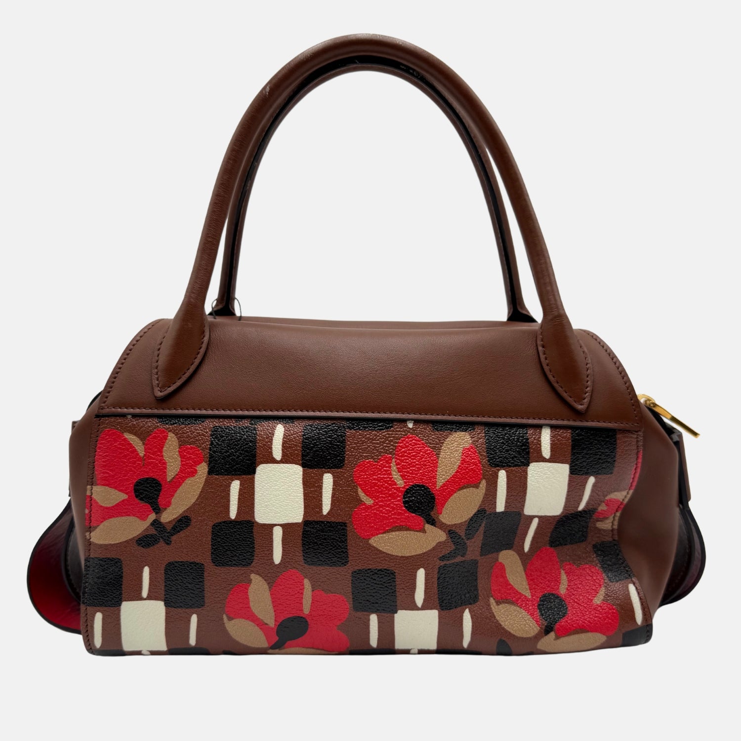 Bowling Ribbon Bag Brown Floral Check Leather