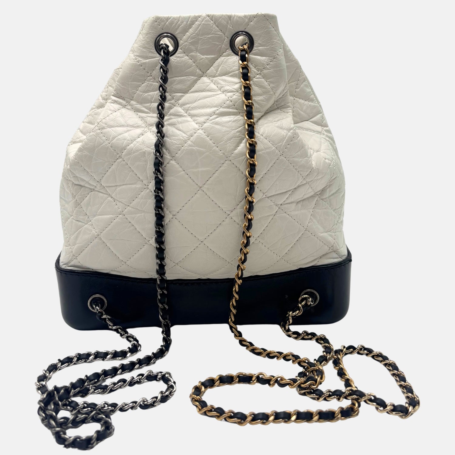 Gabrielle Drawstring Bag White Black Quilted Leather