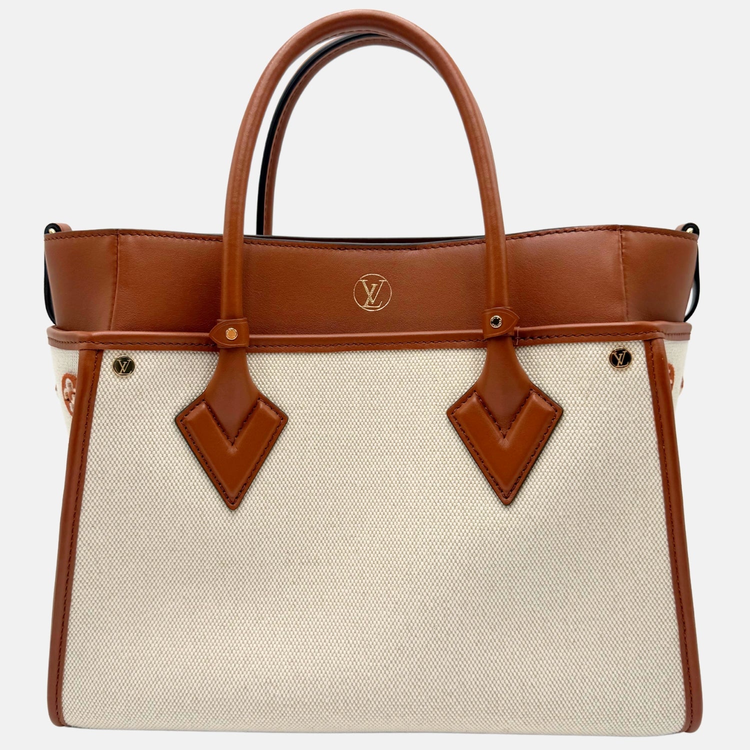 On My Side Tote Brown Calfskin and Cream Canvas