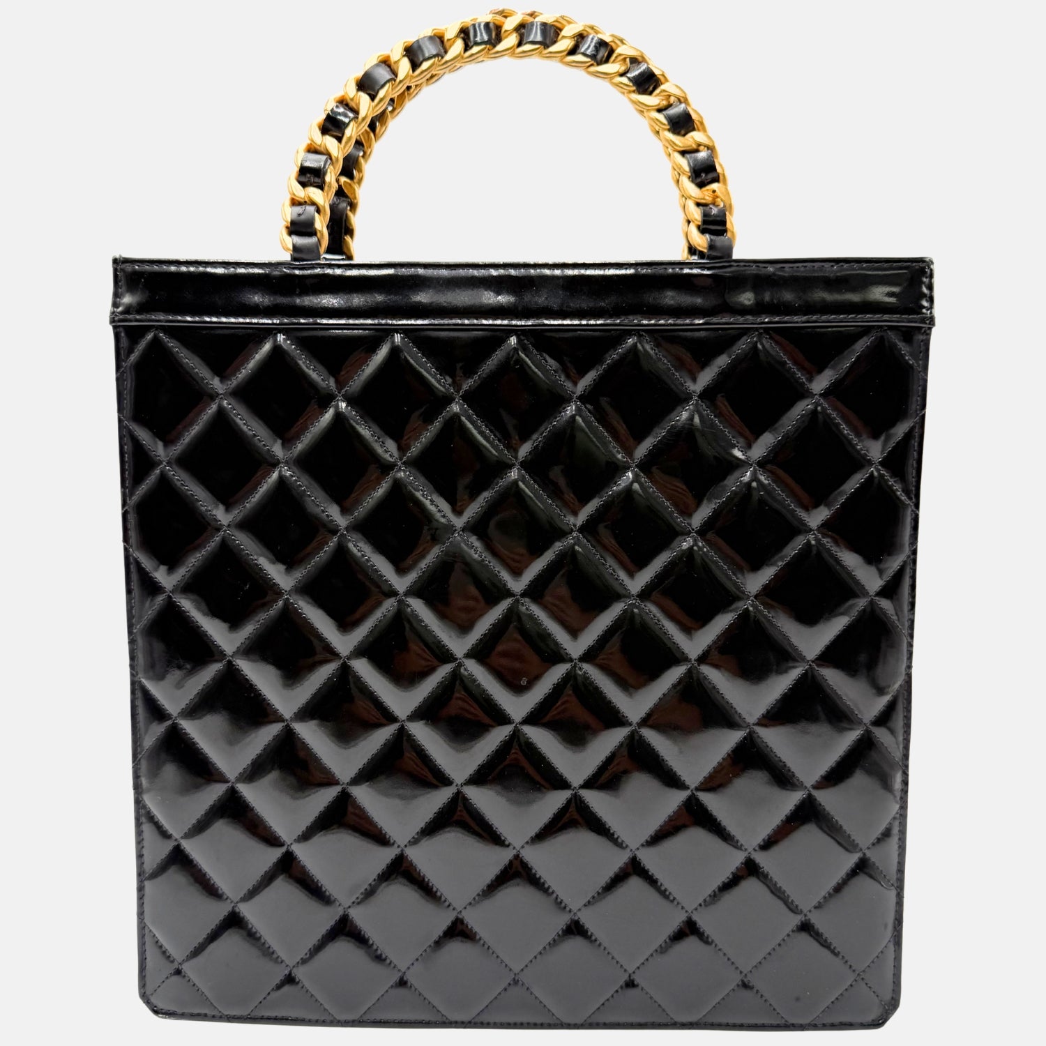 Tote Bag Black Patent Quilted Leather Chain Handles