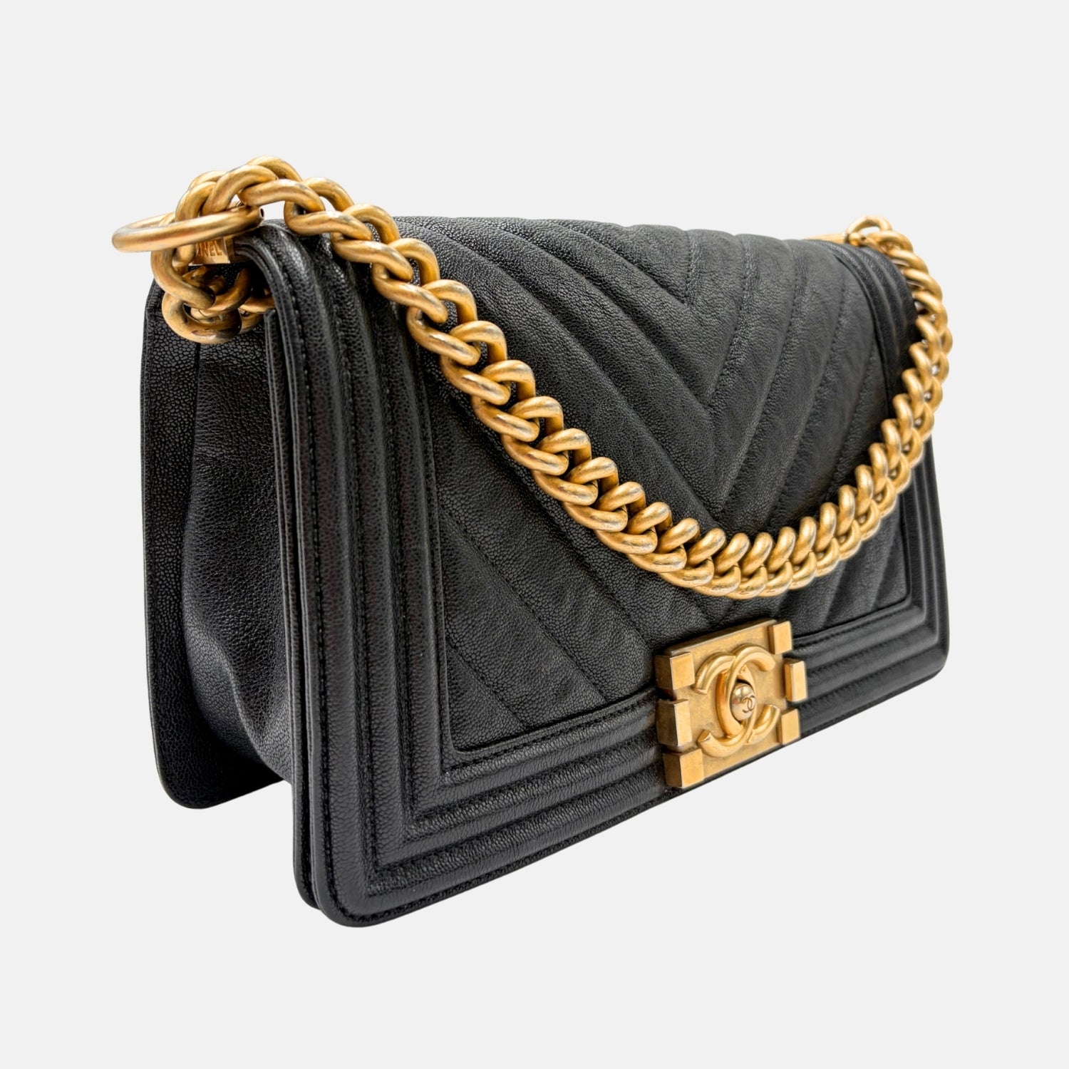 Boy Bag Medium Black Chevron Caviar
