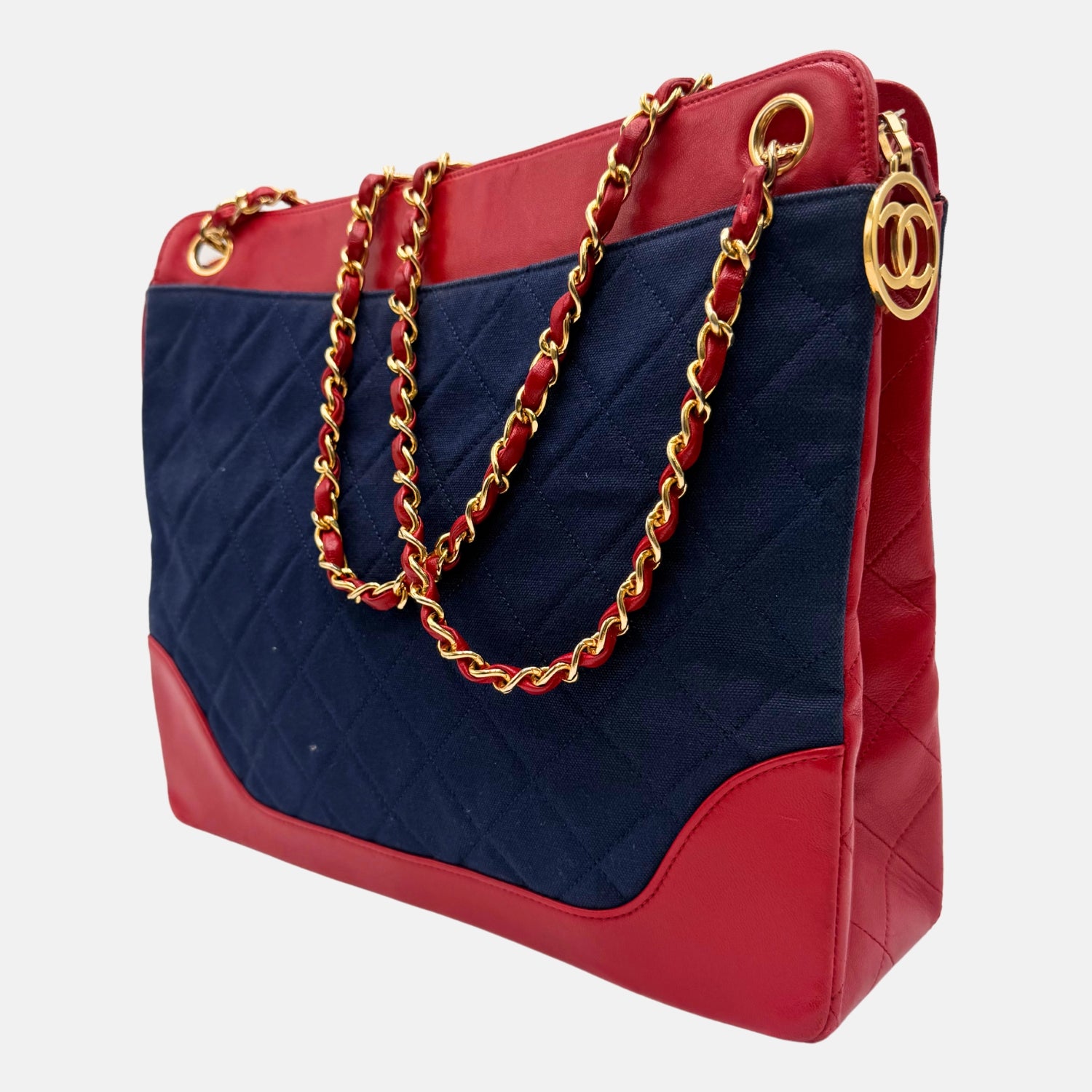 Tote Navy Velour and Red Leather Vintage