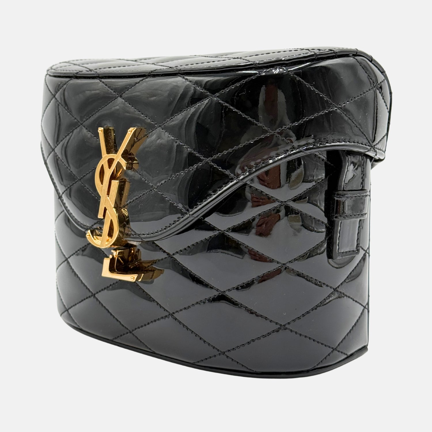 June Box Bag Black Patent Quilted Leather