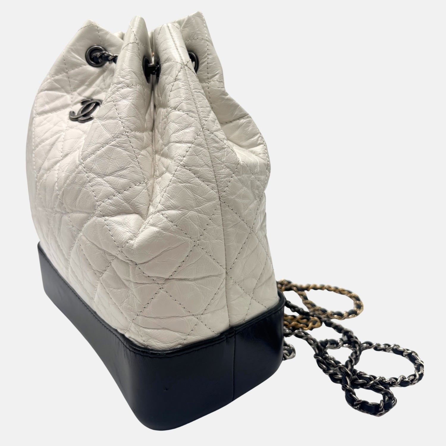 Gabrielle Drawstring Bag White Black Quilted Leather