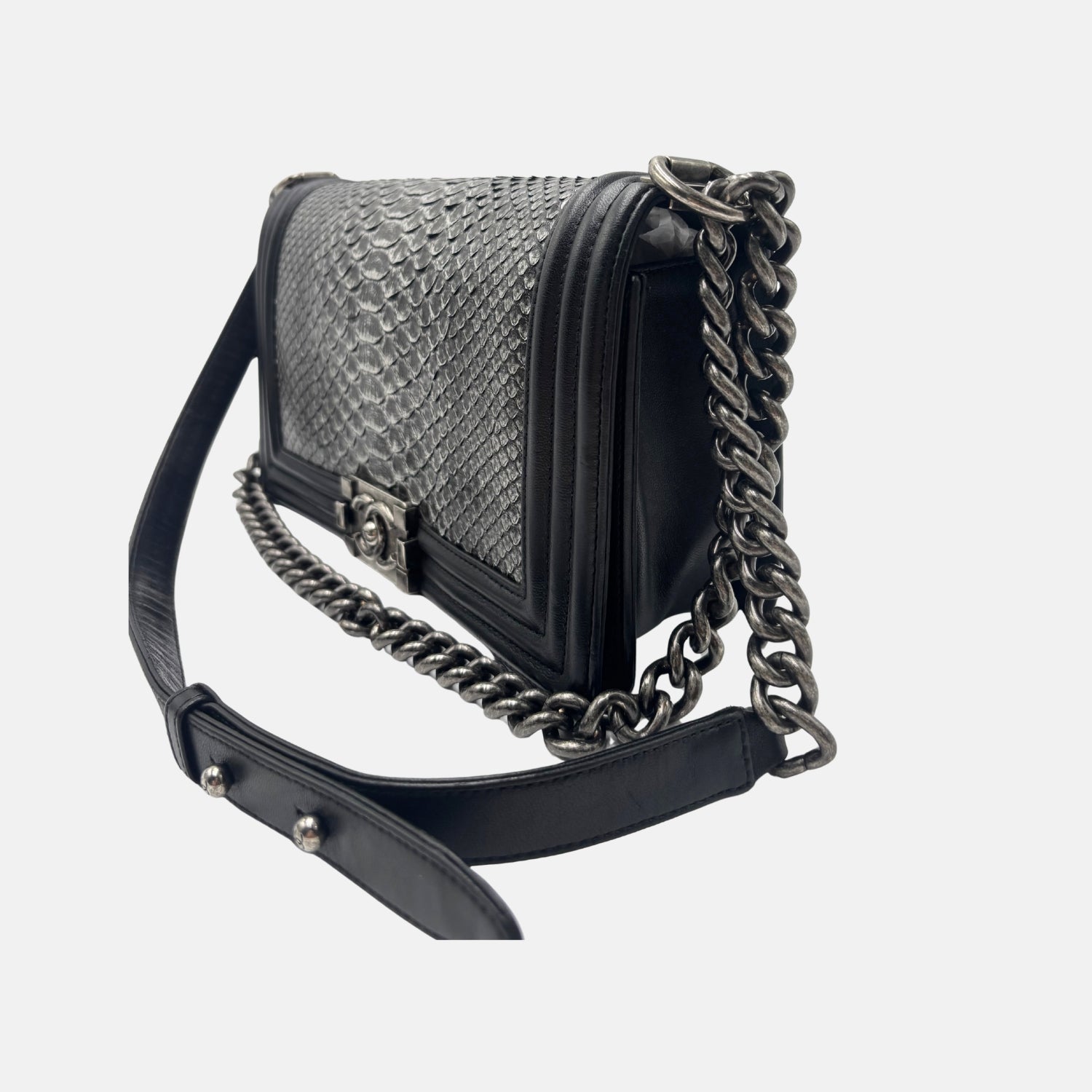 Boy Bag Black and Silver Python Leather
