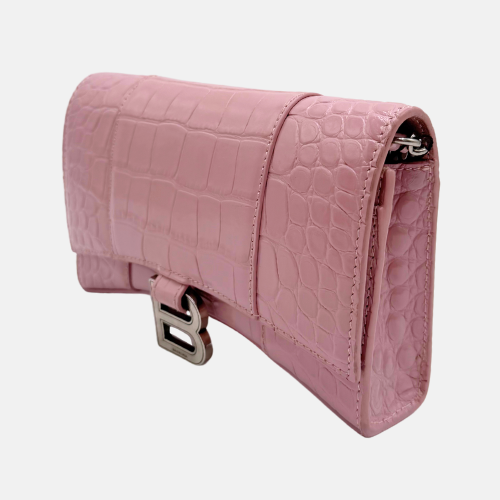 Hourglass Chain Wallet Pink Crocodile Embossed