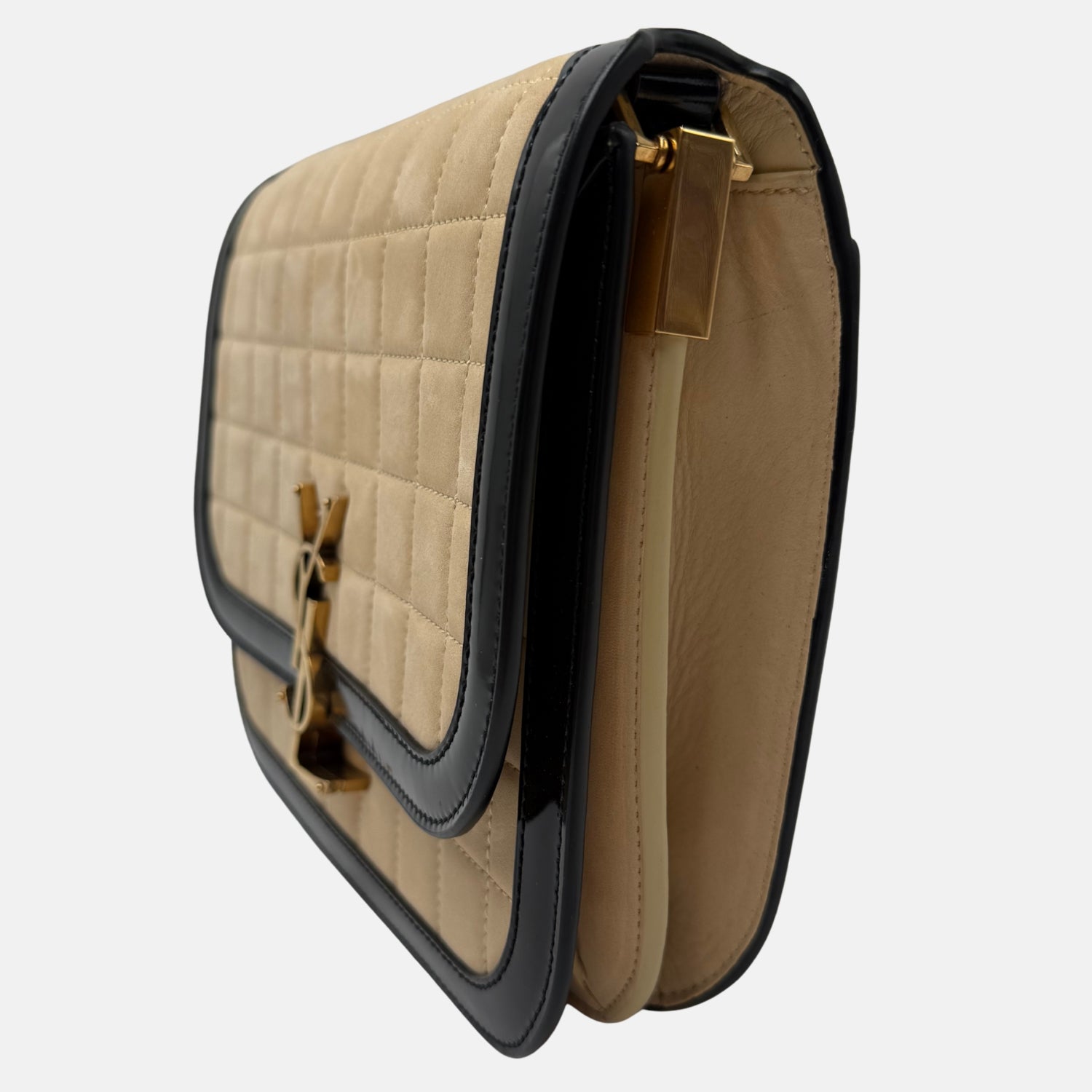 Solferino Satchel Beige Quilted Leather Black Leather Trim