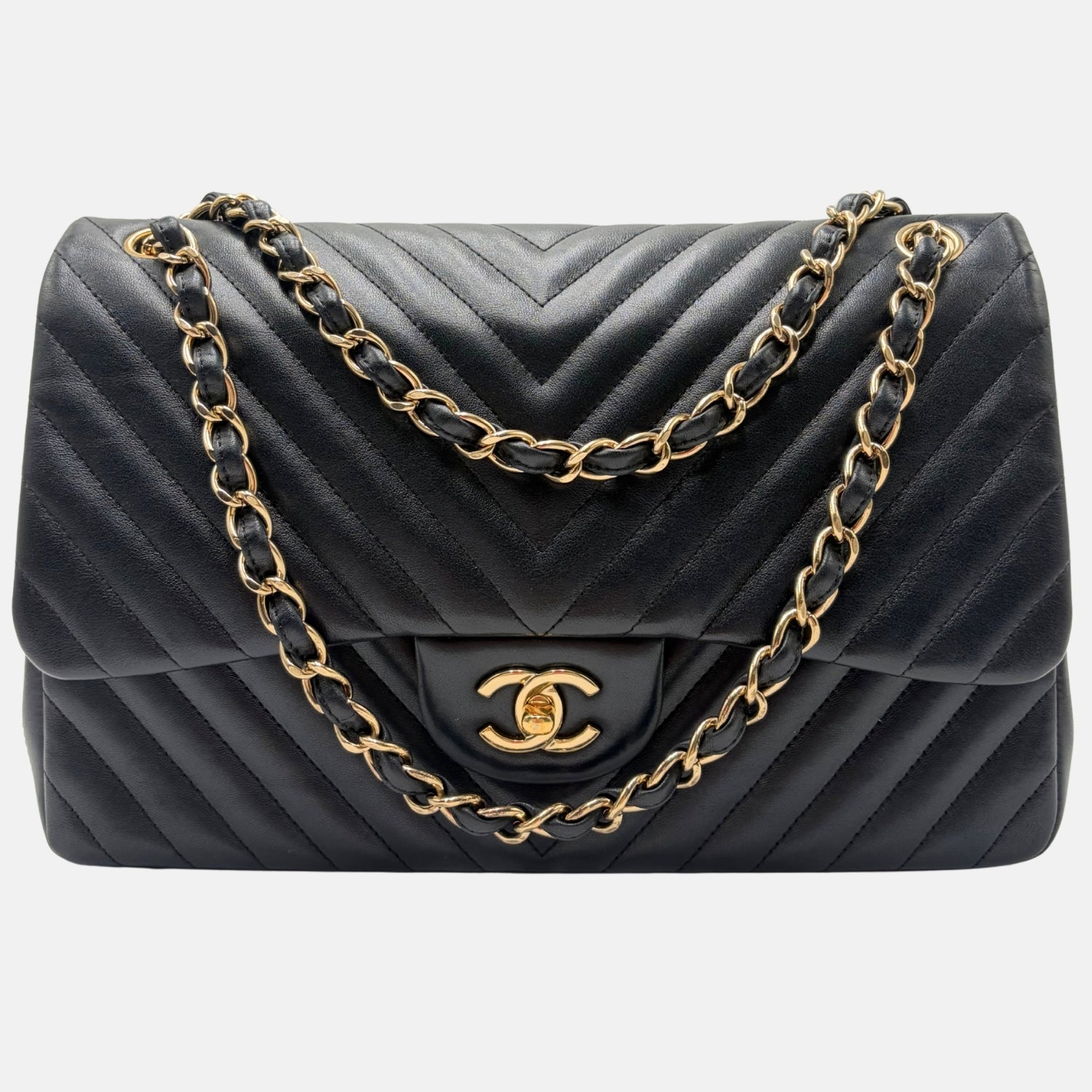 Double Flap Black Chevron Calfskin