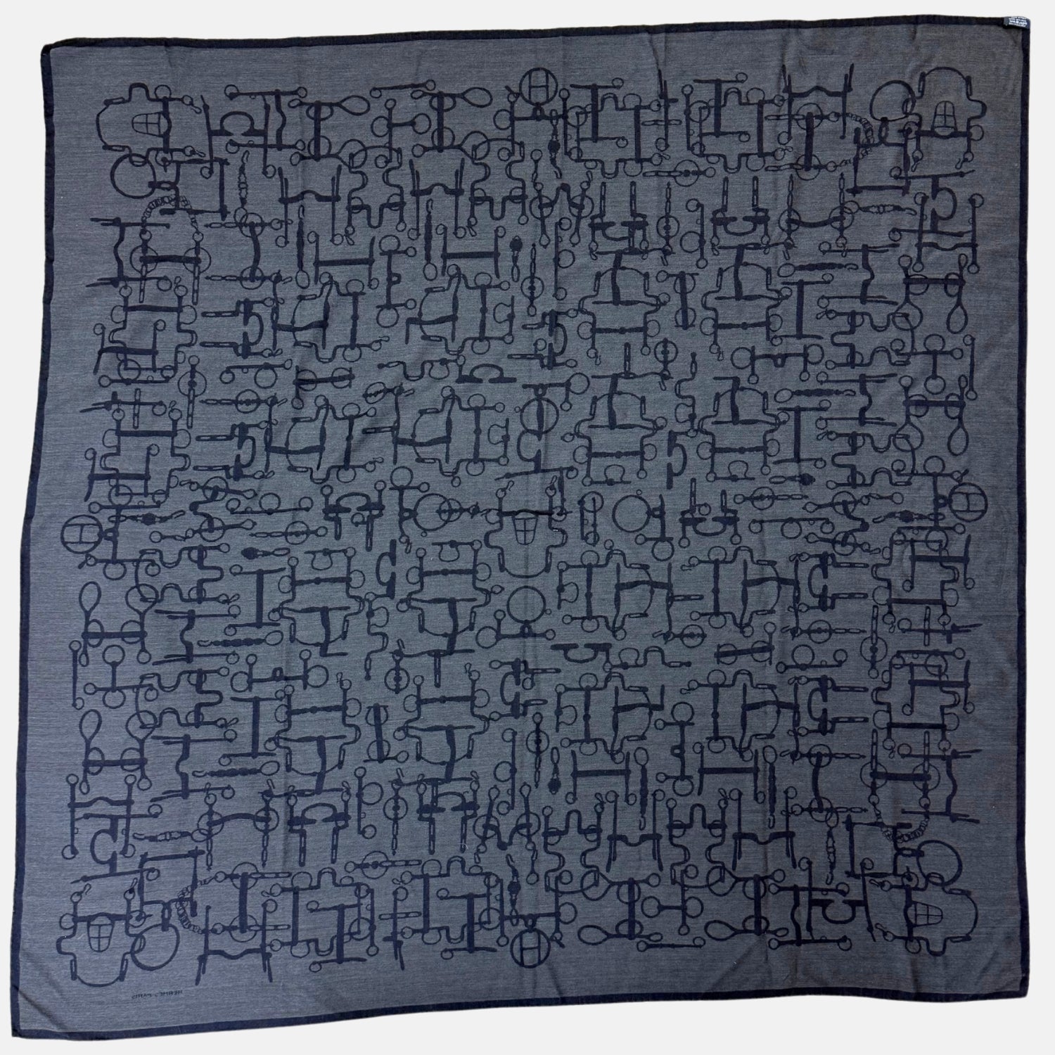 Chevaux et Carreaux Fringe Scarf 140 Blue Cashmere Silk