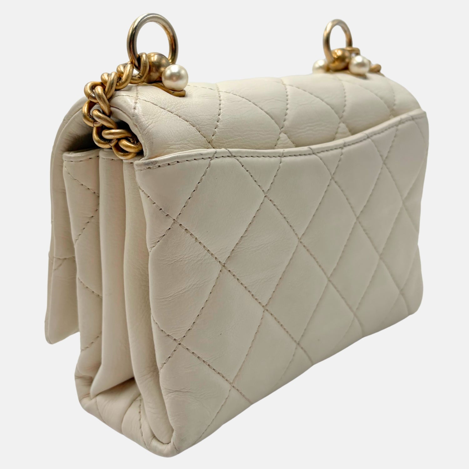 Mini Flap Bag White Quilted Lambskin with Pearl Detail