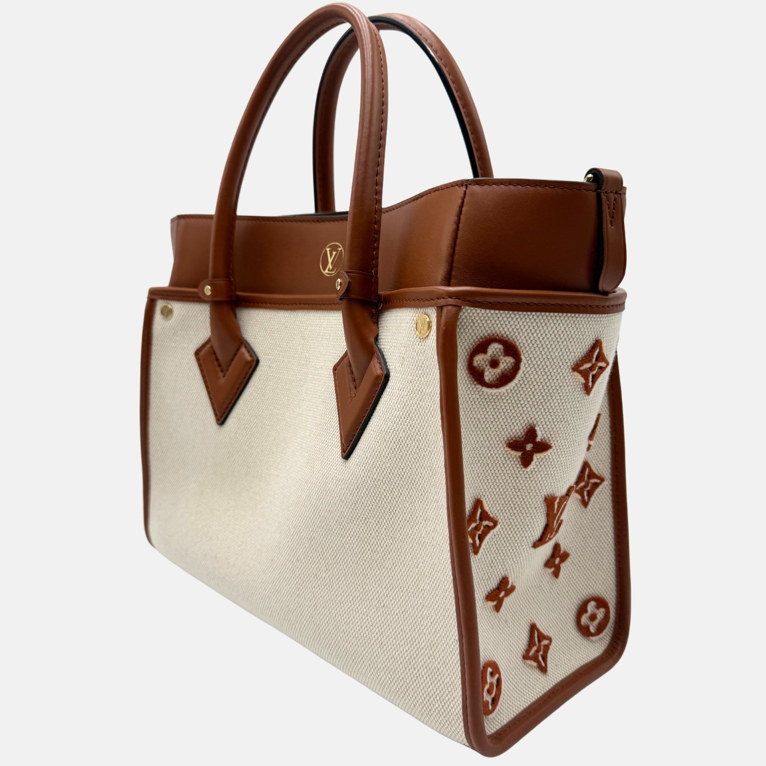 On My Side Tote Brown Calfskin and Cream Canvas