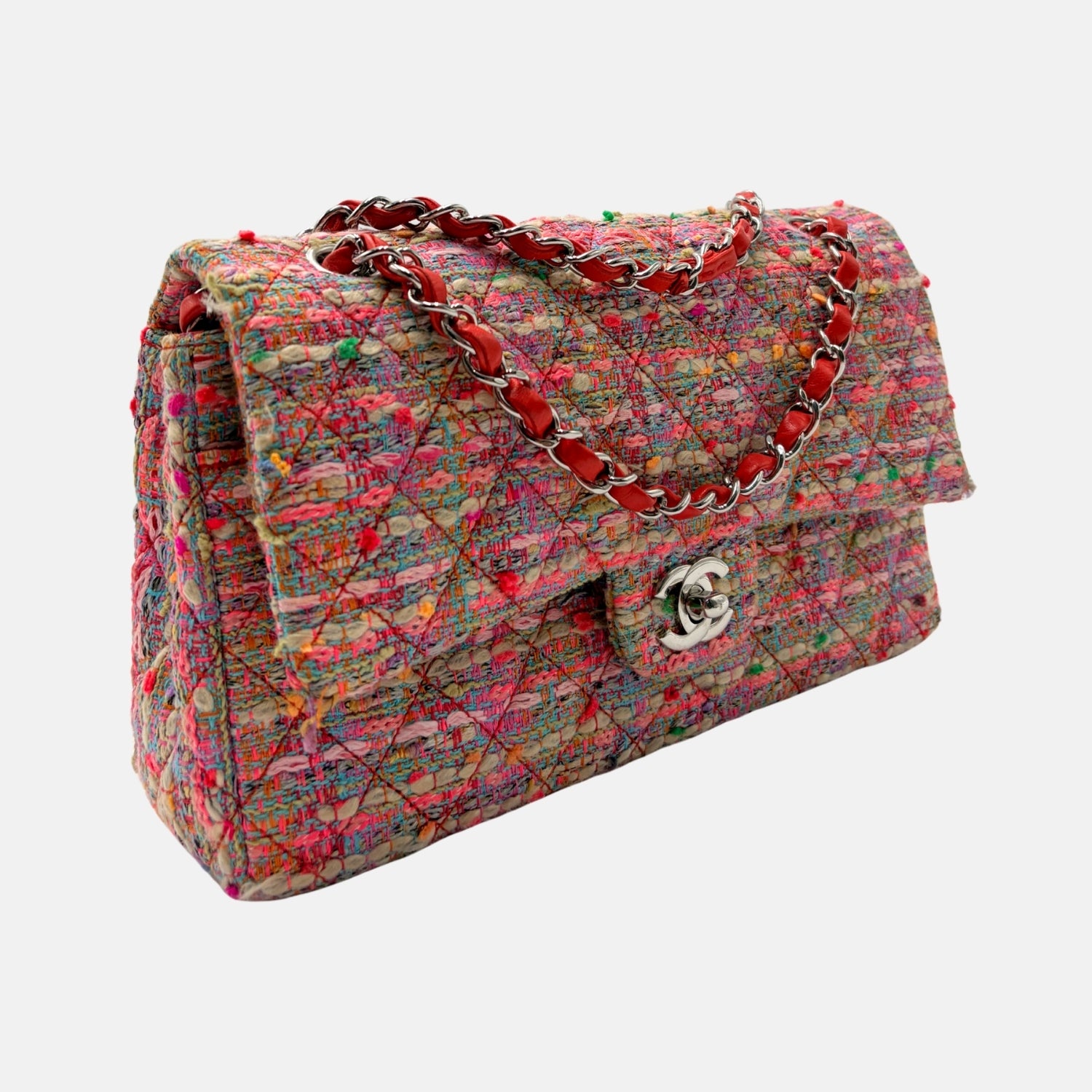 Classic Flap Bag Multicolor Pink Quilted Tweed Medium