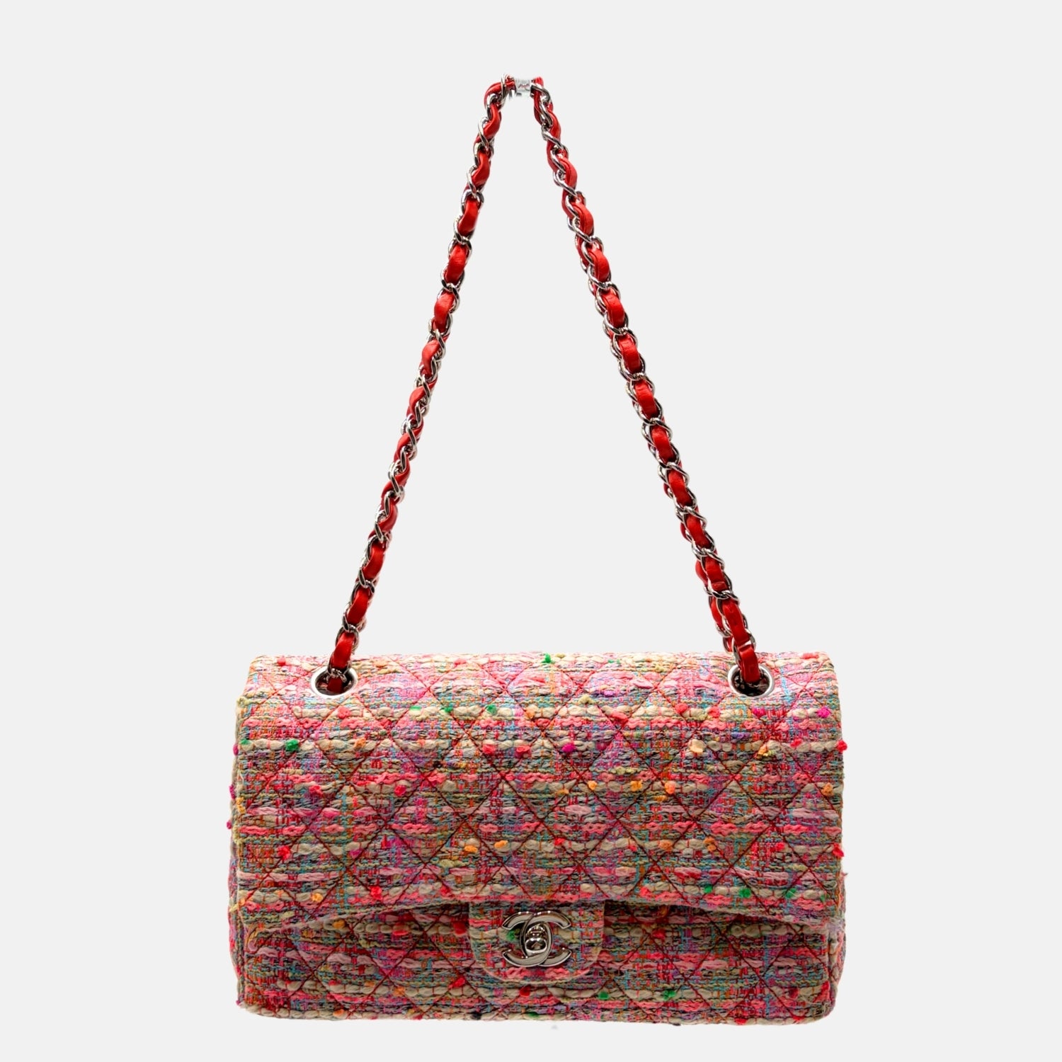Classic Flap Bag Multicolor Pink Quilted Tweed Medium