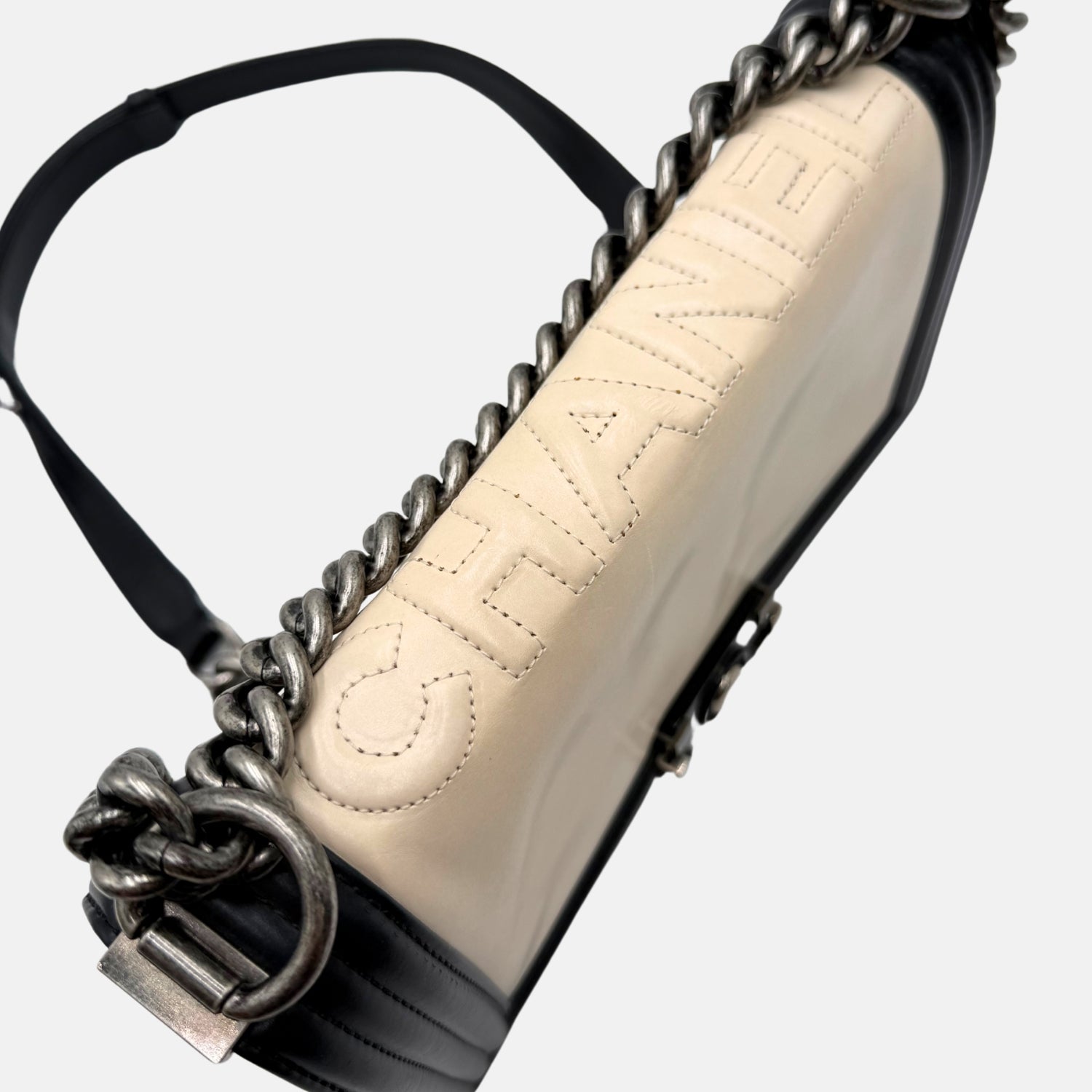 Boy Bag Black and Cream Leather Medium