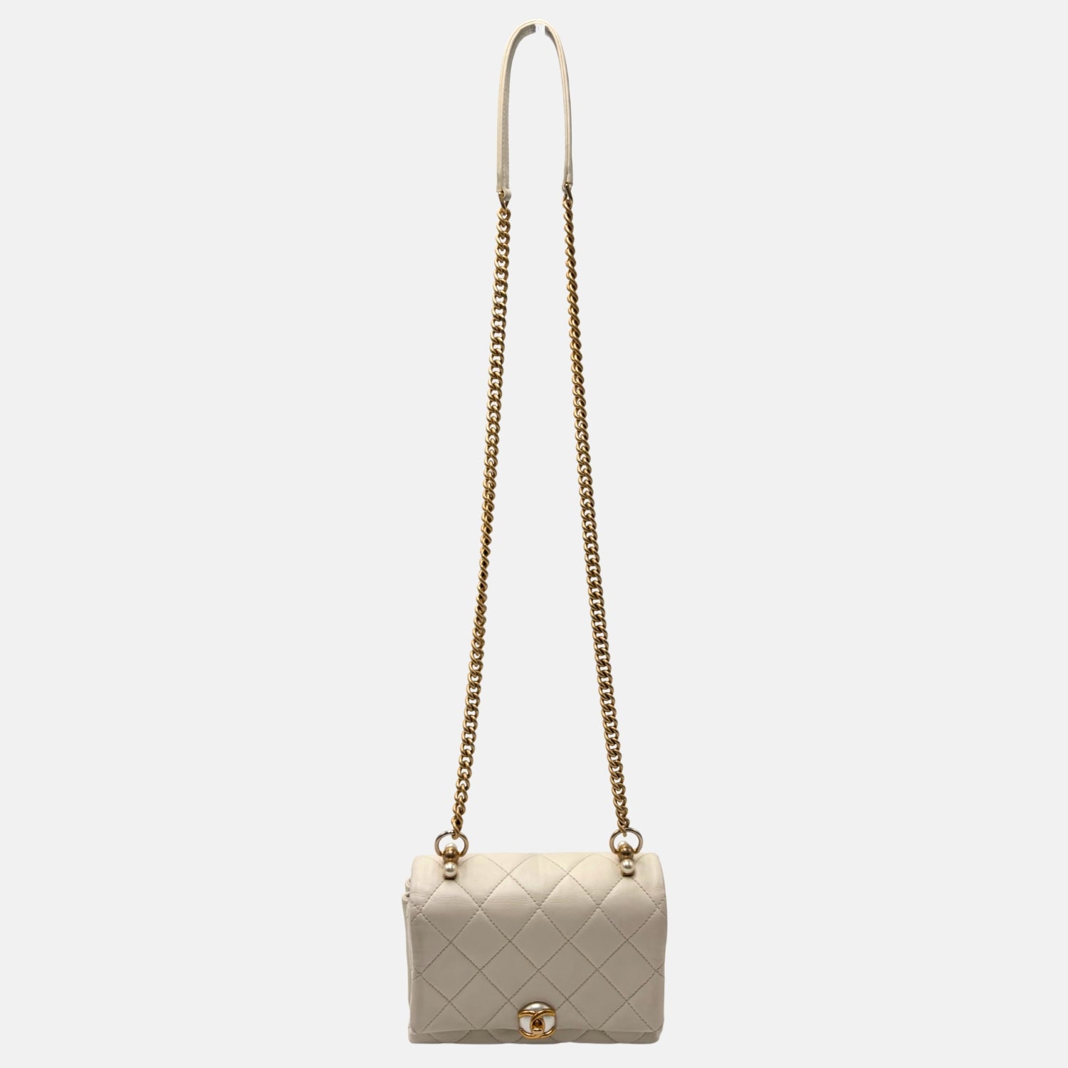 Mini Flap Bag White Quilted Lambskin with Pearl Detail