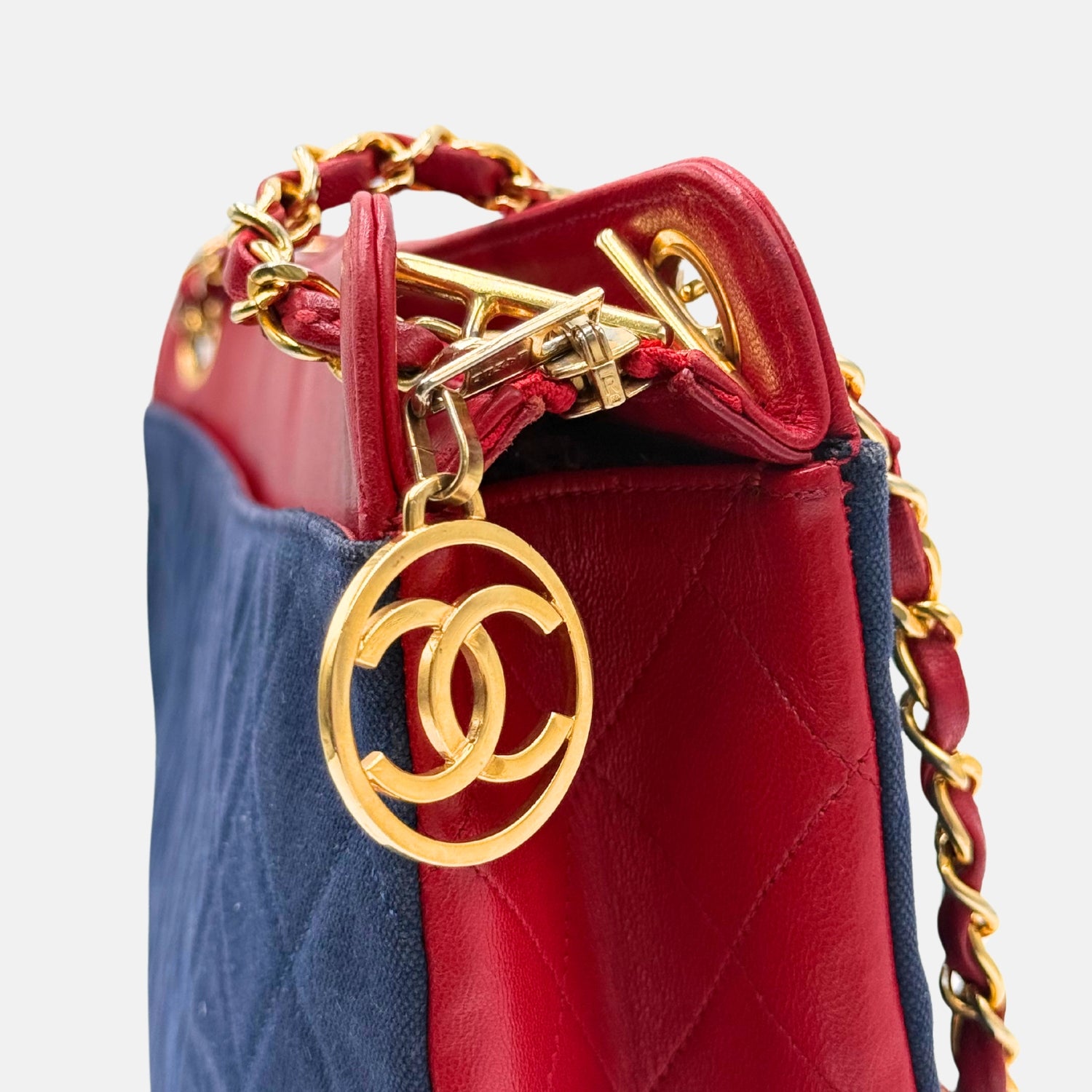 Tote Navy Velour and Red Leather Vintage