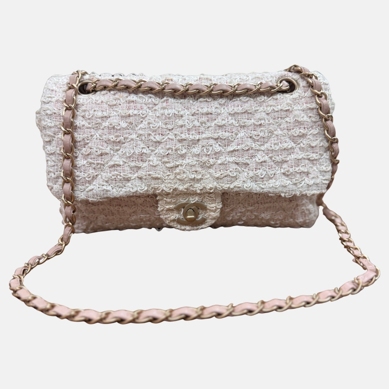Classic Flap Bag Pink and White Tweed Small