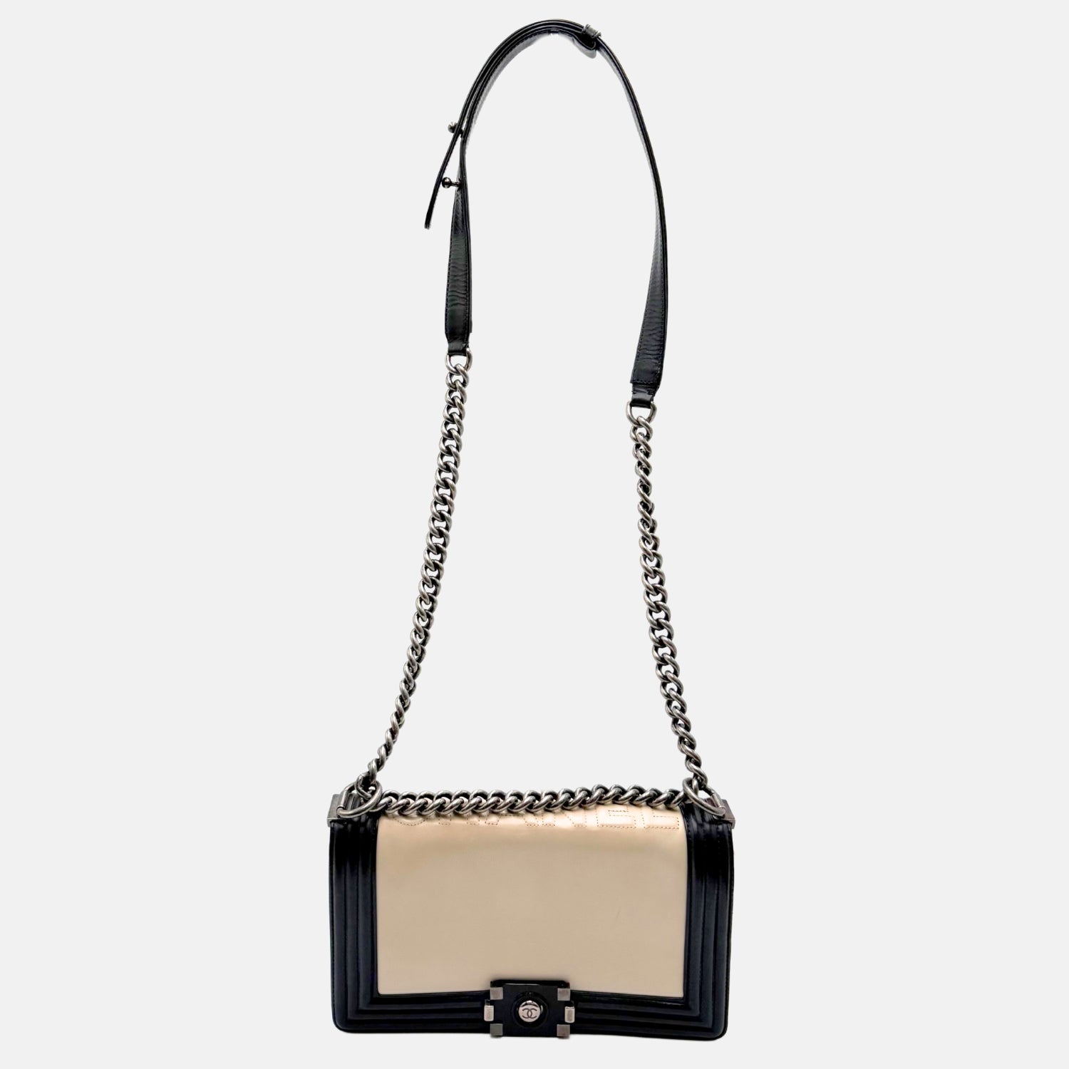 Boy Bag Black and Cream Leather Medium