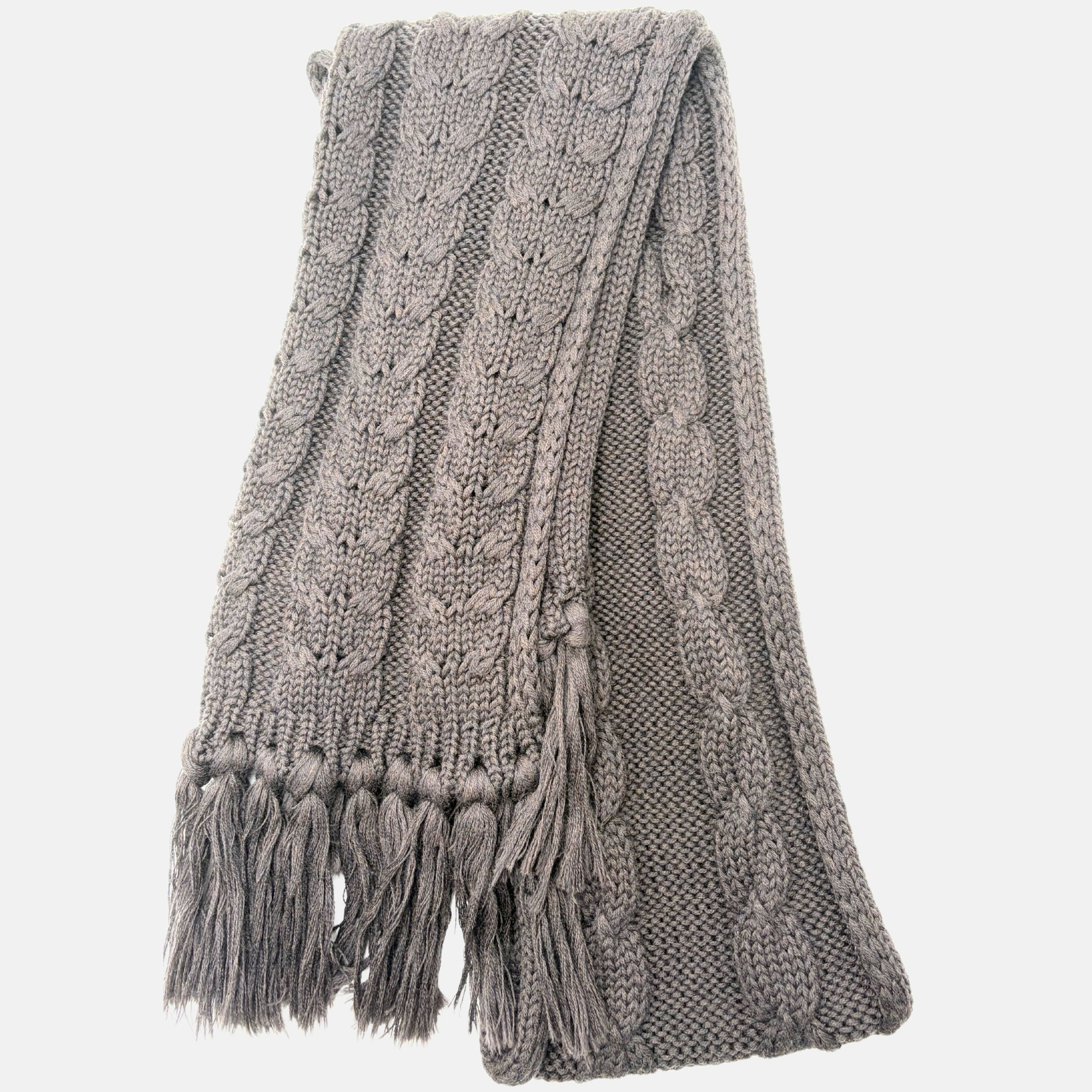 Cable Knit Wool Scarf Heather Gray with Fringe