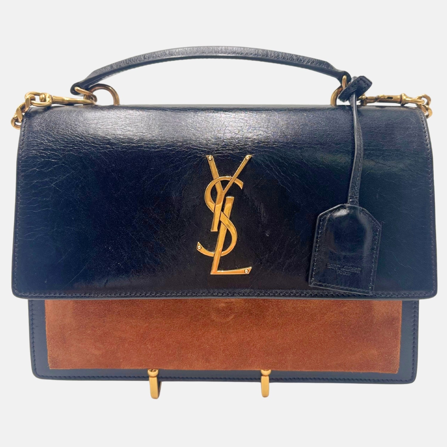 Sunset Top Handle Bag Black Leather Brown Suede