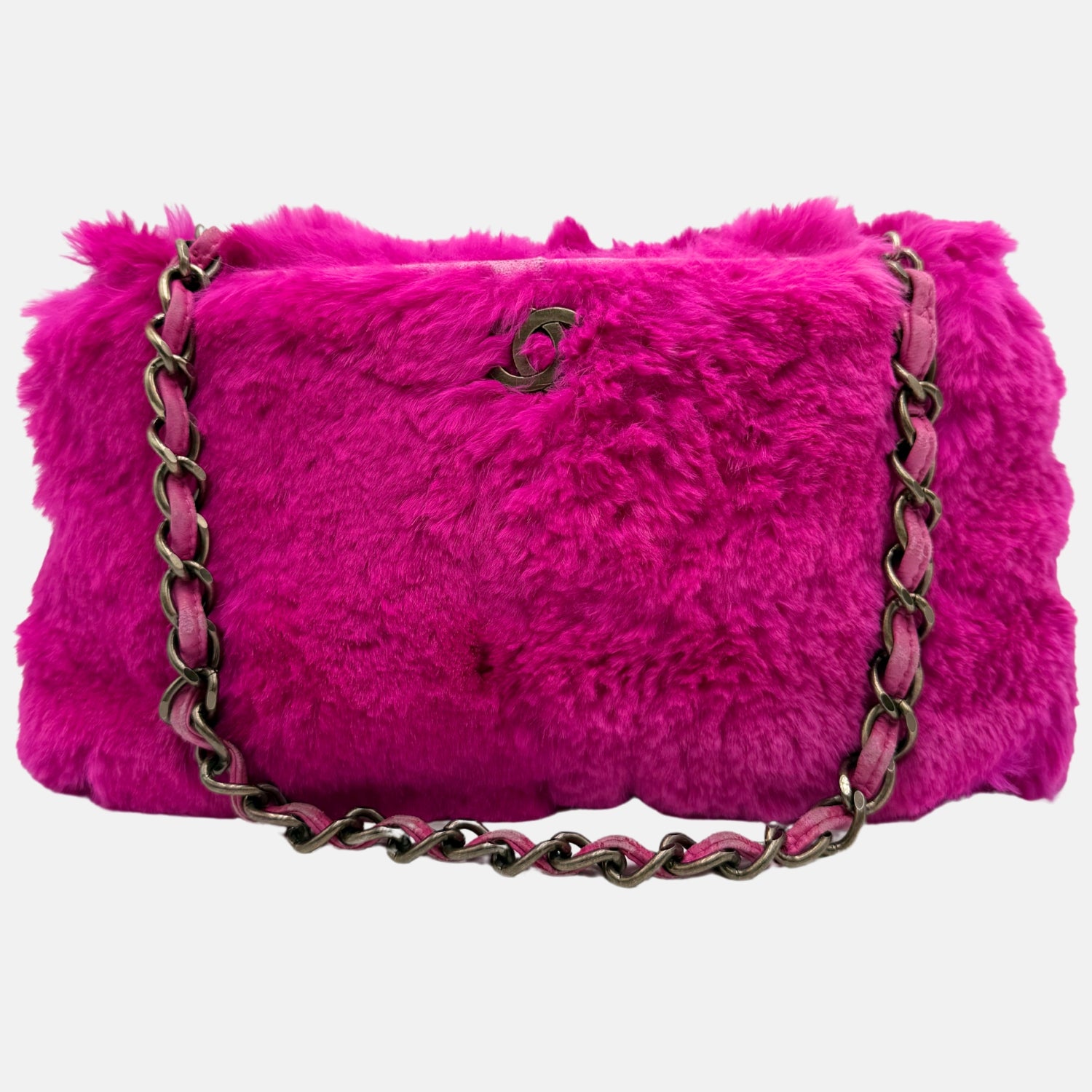 CHANEL Shoulder Bag Fuchsia Rabbit Fur