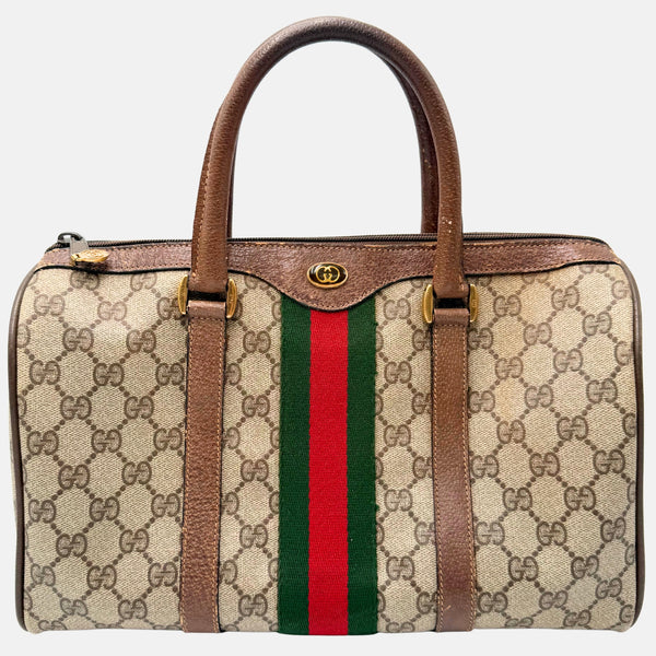 GUCCI Boston Bag Beige and Brown GG Supreme Canvas Medium