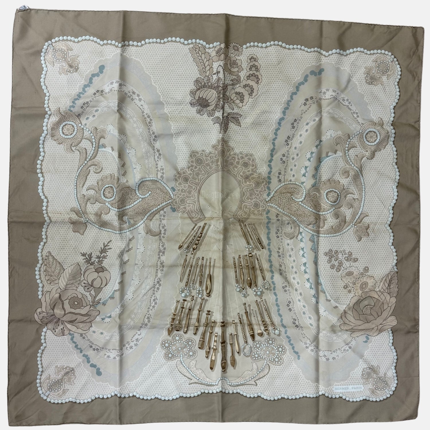 Scarf Beige and Sage Silk 90