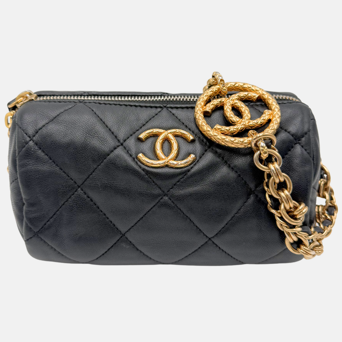 CHANEL Pearl CC Medallion Chain Mini Bowling Bag Black Quilted