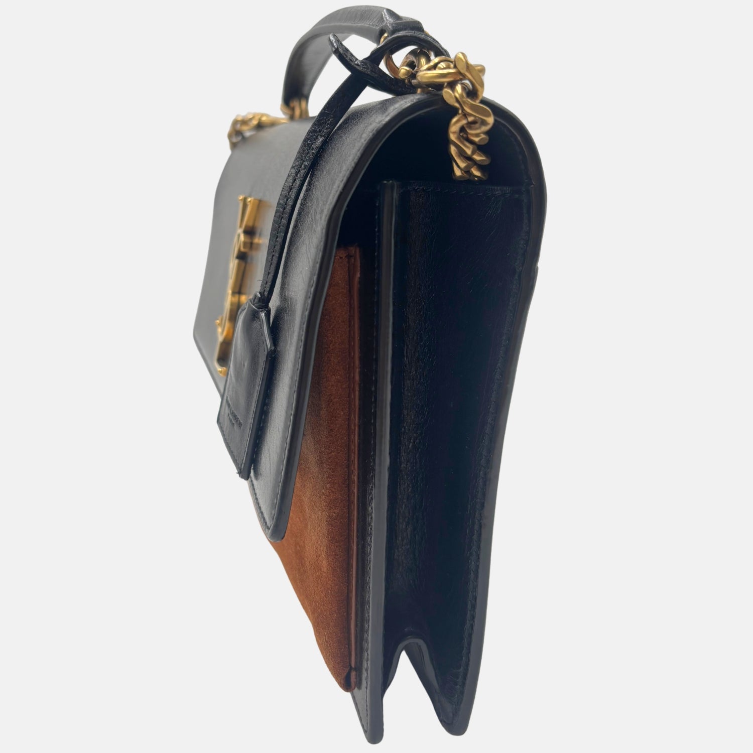 Sunset Top Handle Bag Black Leather Brown Suede