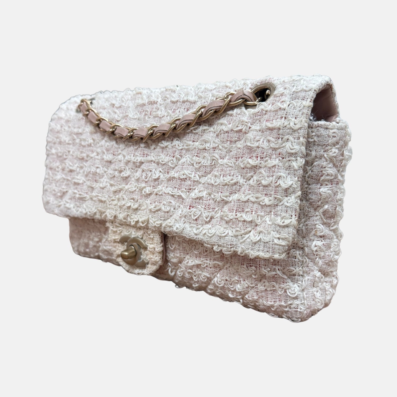 Classic Flap Bag Pink and White Tweed Small