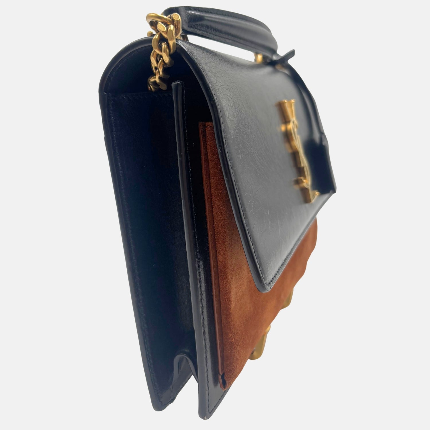 Sunset Top Handle Bag Black Leather Brown Suede