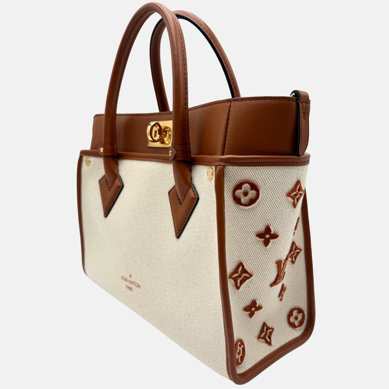 On My Side Tote Brown Calfskin and Cream Canvas