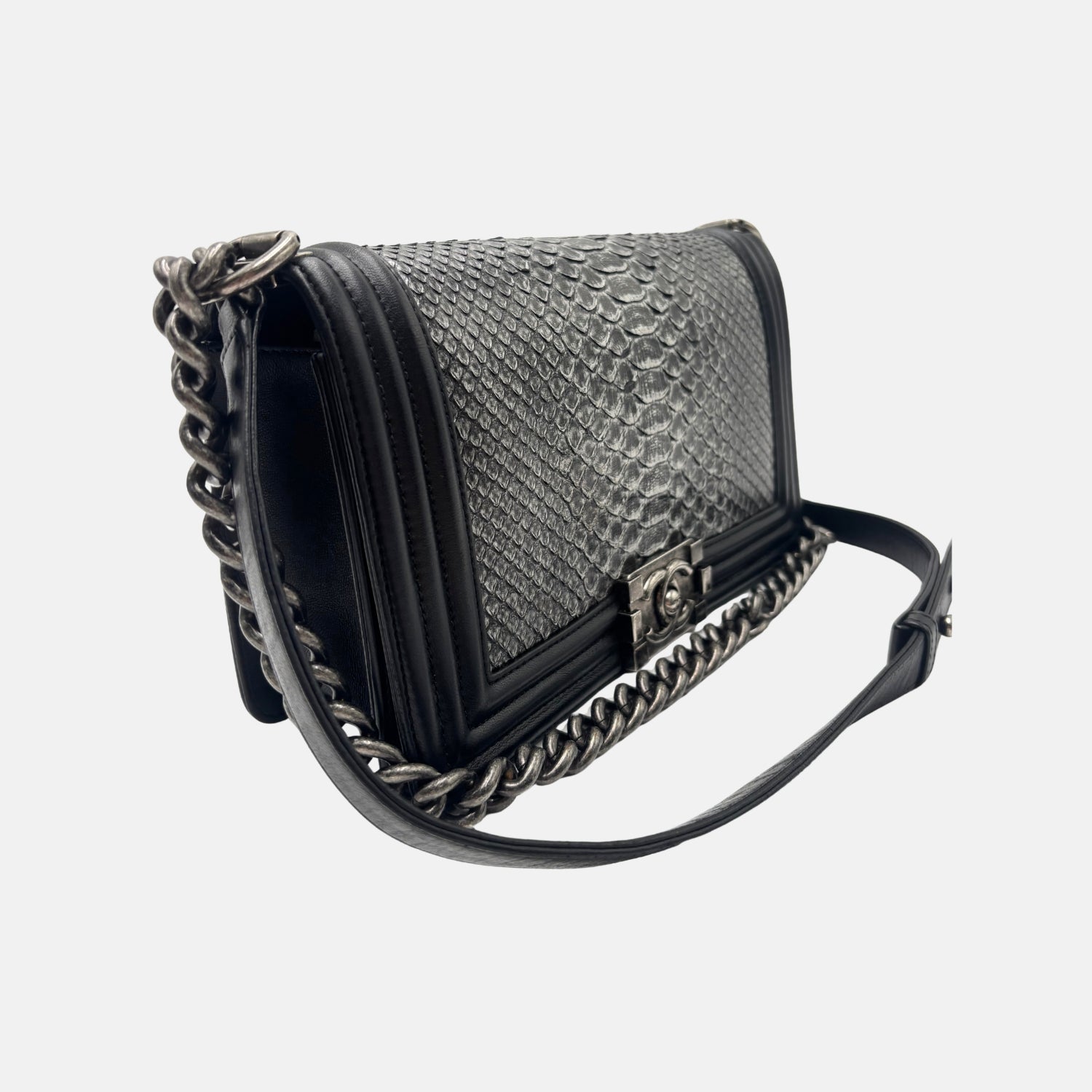 Boy Bag Black and Silver Python Leather