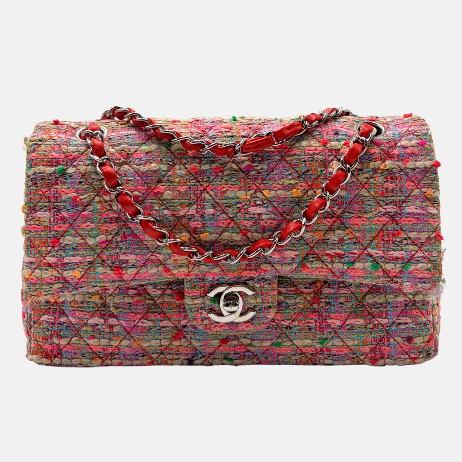 Classic Flap Bag Multicolor Pink Quilted Tweed Medium