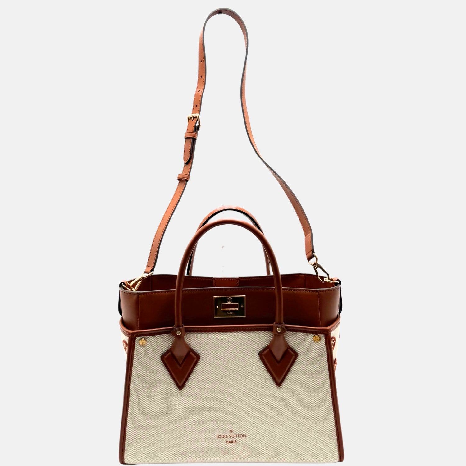 On My Side Tote Brown Calfskin and Cream Canvas