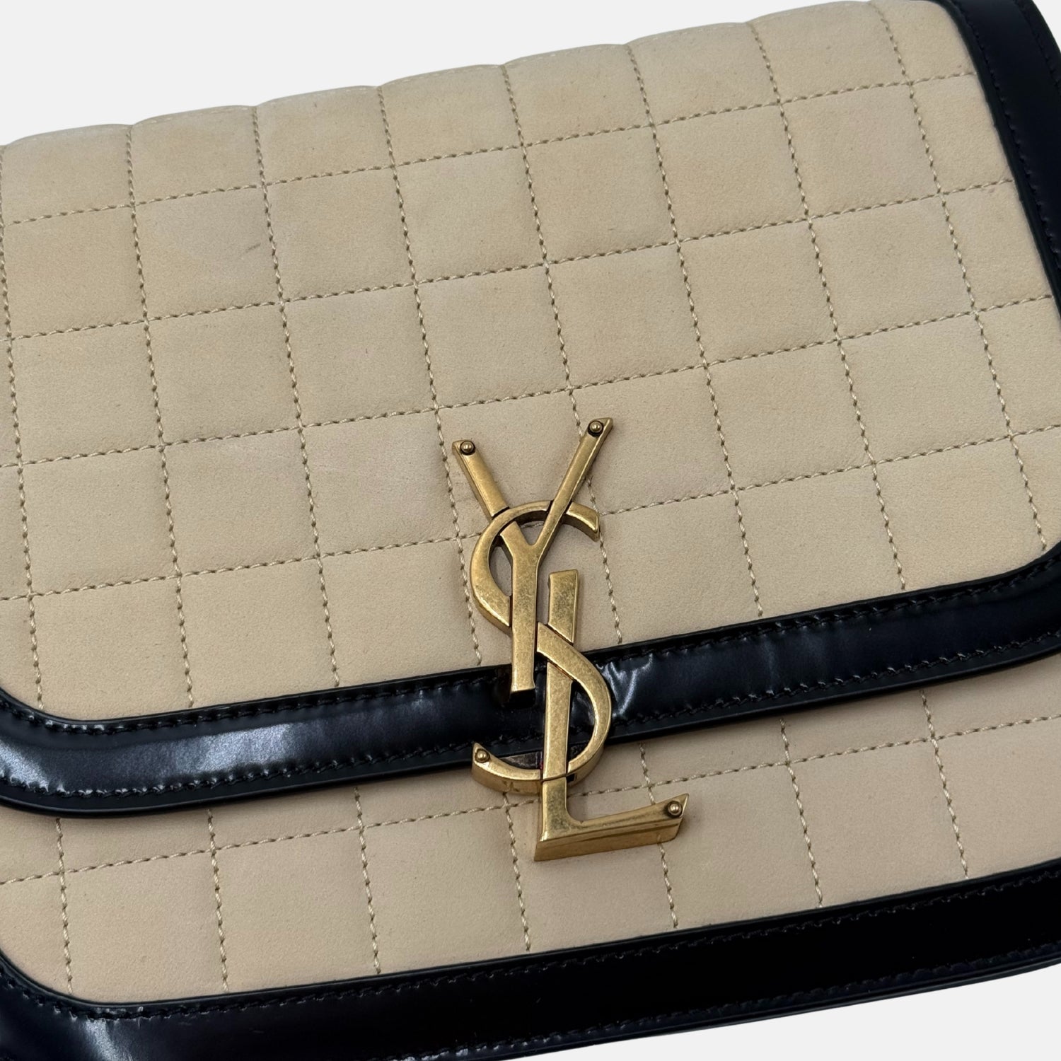 Solferino Satchel Beige Quilted Leather Black Leather Trim