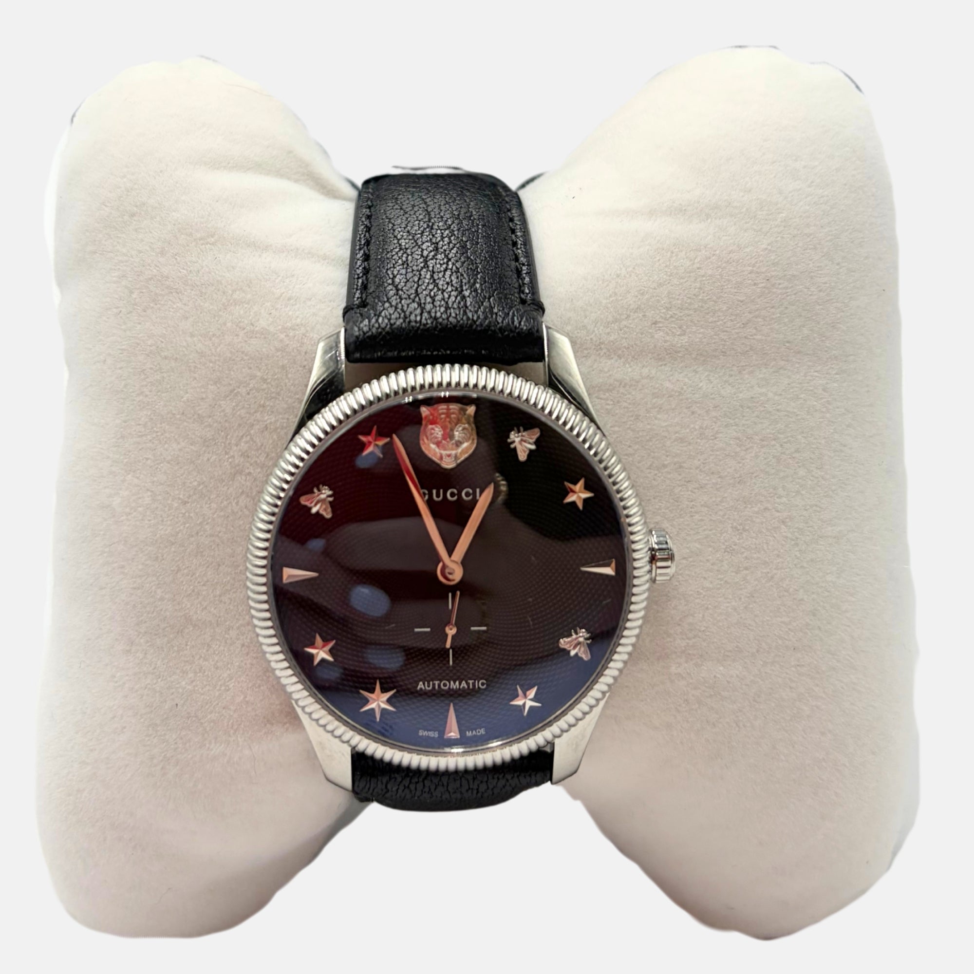 GUCCI G Timeless Automatic Tiger Dial Watch Black Leather