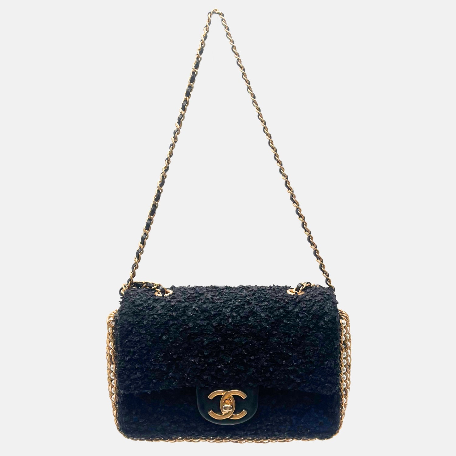 Classic Flap Bag Black Bouclé Tweed with Pearl Details